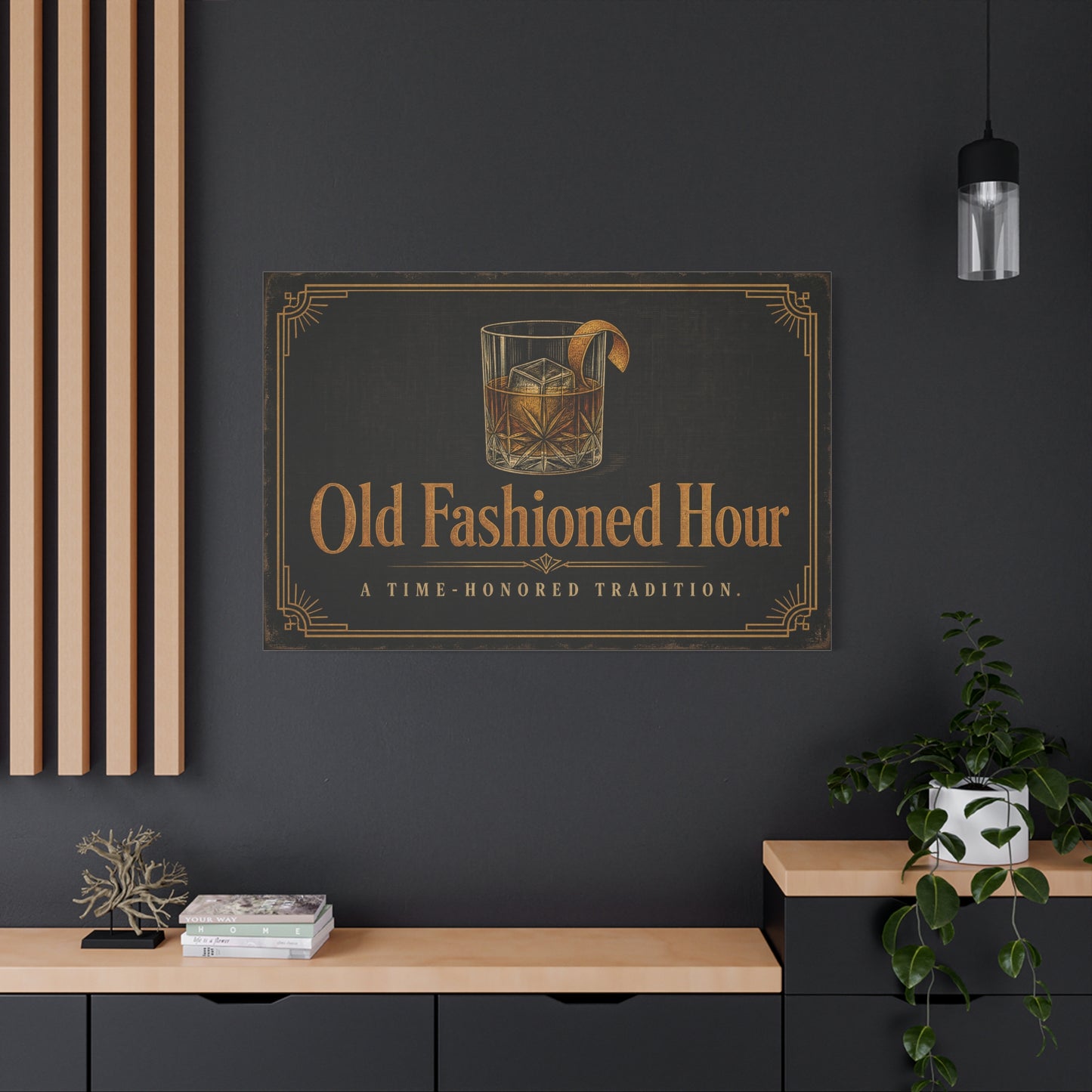 "Old Fashioned Hour" Canvas Wall Art - Vintage Whiskey Glass Quote Print, Art Deco Bar Cart Decor - Matte Cotton Wall Hanging - Speakeasy Lounge Style, Home Bar - Ready to Hang - Cocktail Lounge Decor