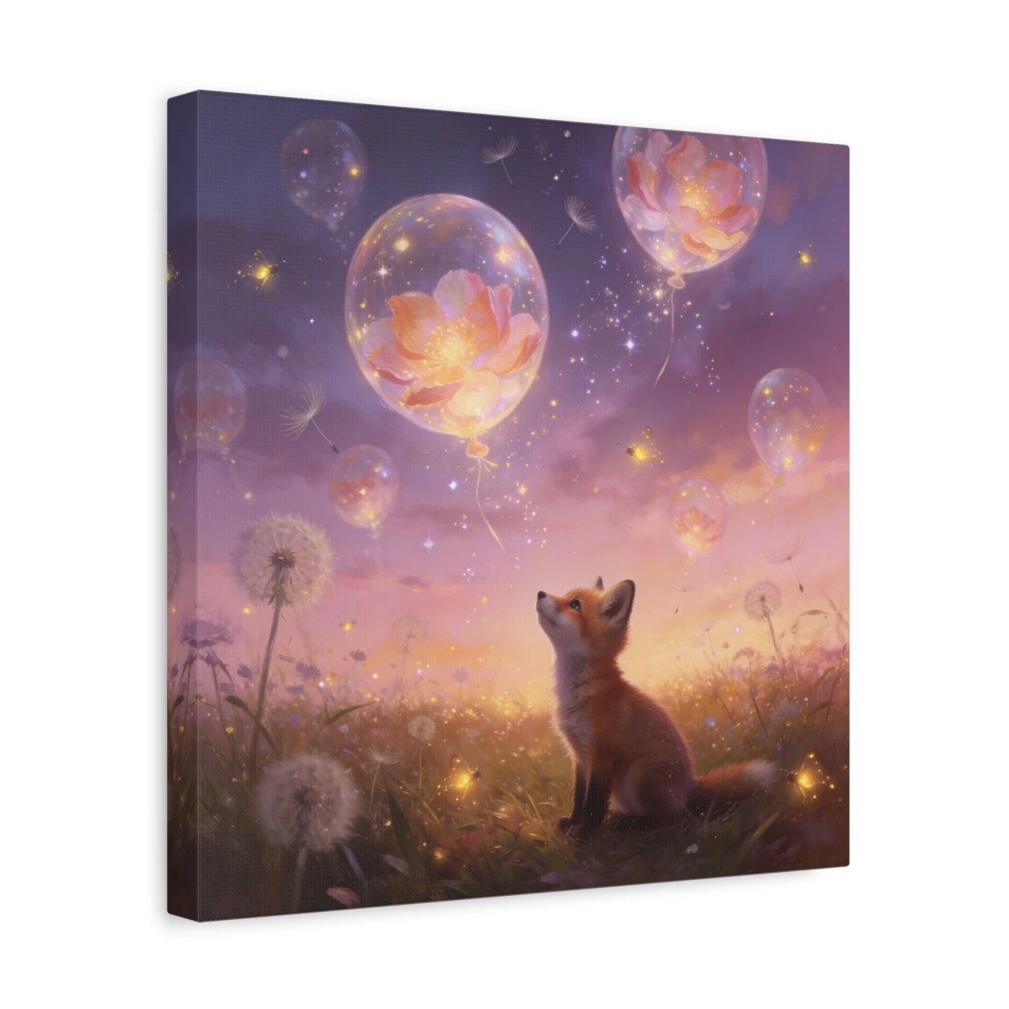 Fox Canvas Wall Art - Whimsical Fox Under Floral Balloons, Dreamy Twilight Meadow Canvas Print - Pastel Fantasy Style, Living Room Wall Decor, Bedroom Home Decoration - Bedroom Home Decoration