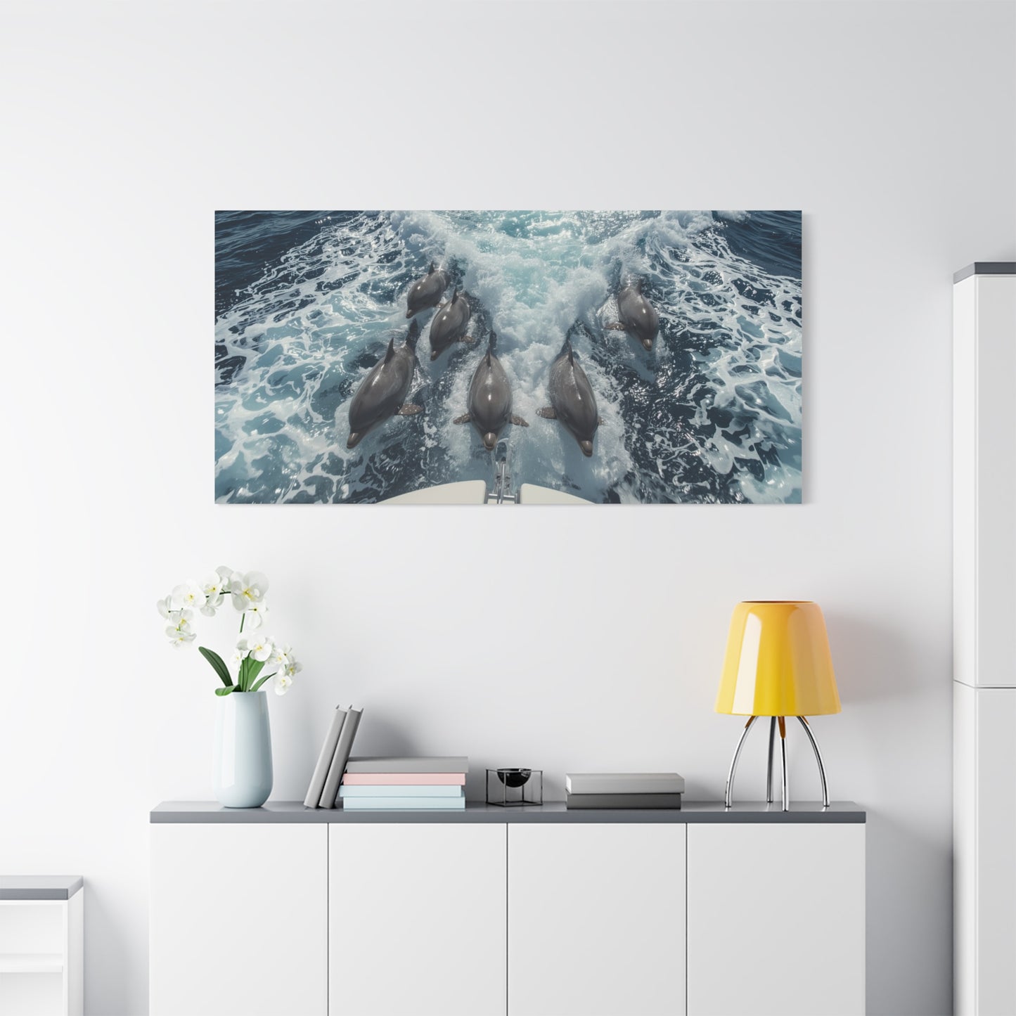 Dolphin Pod Canvas Wall Art, Ocean Wildlife Print Picture - Blue Sea Foam Art Print, Coastal Style, Living Room Wall Decor, Bedroom Home Decoration, Vacation Rental Accent - Bedroom Home Decoration