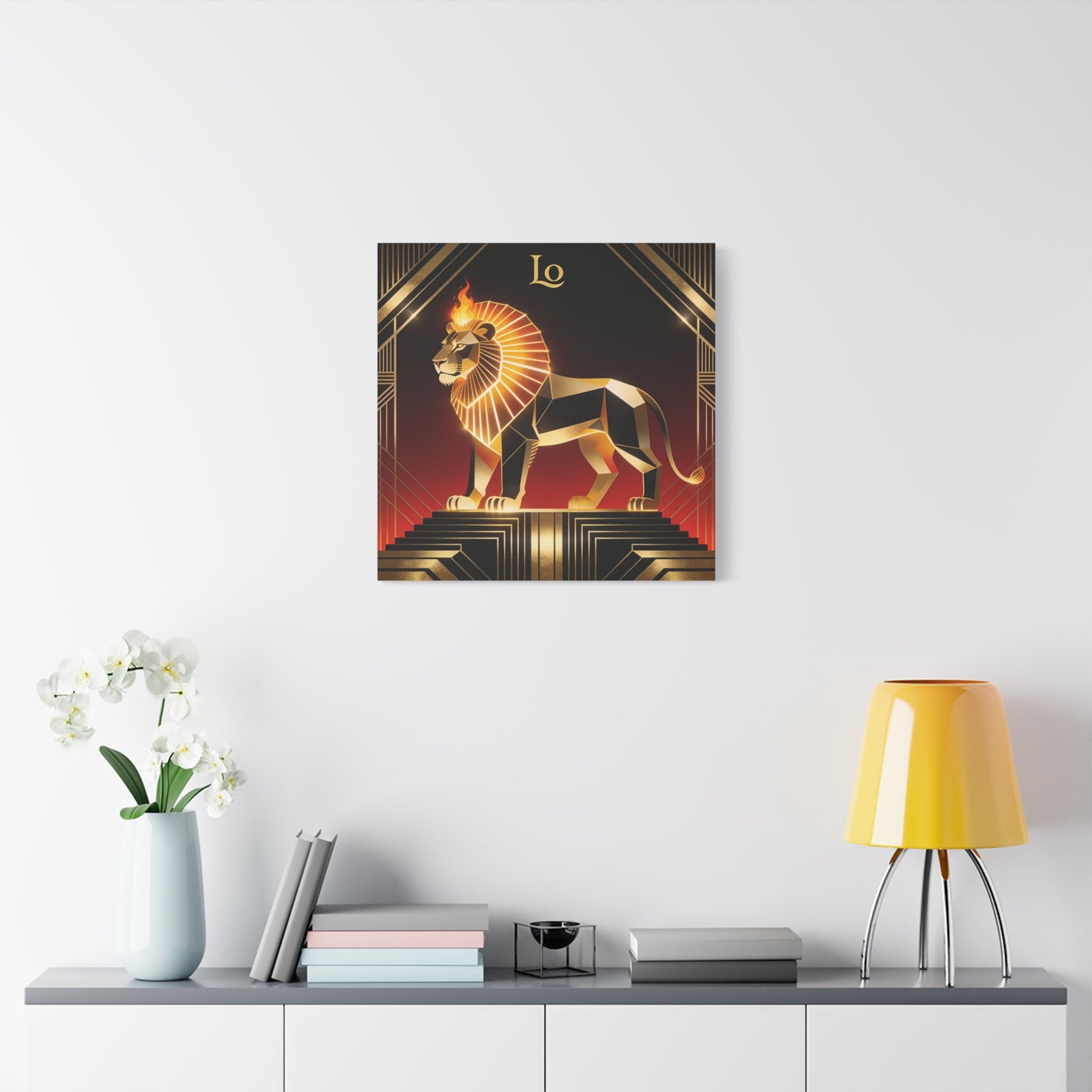 "Lo" Geometric Lion Canvas Wall Decor - Art Deco Gold Black Red Animal Print - Flaming Mane Illustration, Modern Luxe Interior Accent, Living Room Home Decoration - Living Room Wall Decor