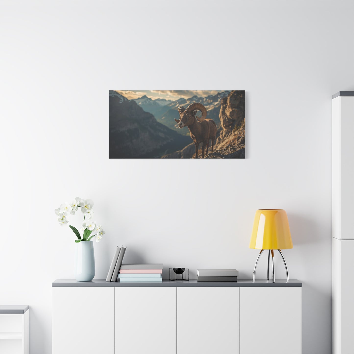 Bighorn Sheep Canvas Wall Art - Mountain Wildlife Art Print, Golden Alpine Cliff Scene - Matte Cotton Artwork - Rustic Lodge Decor, Living Room Wall Decor, Office Art - Bedroom Home Decoration