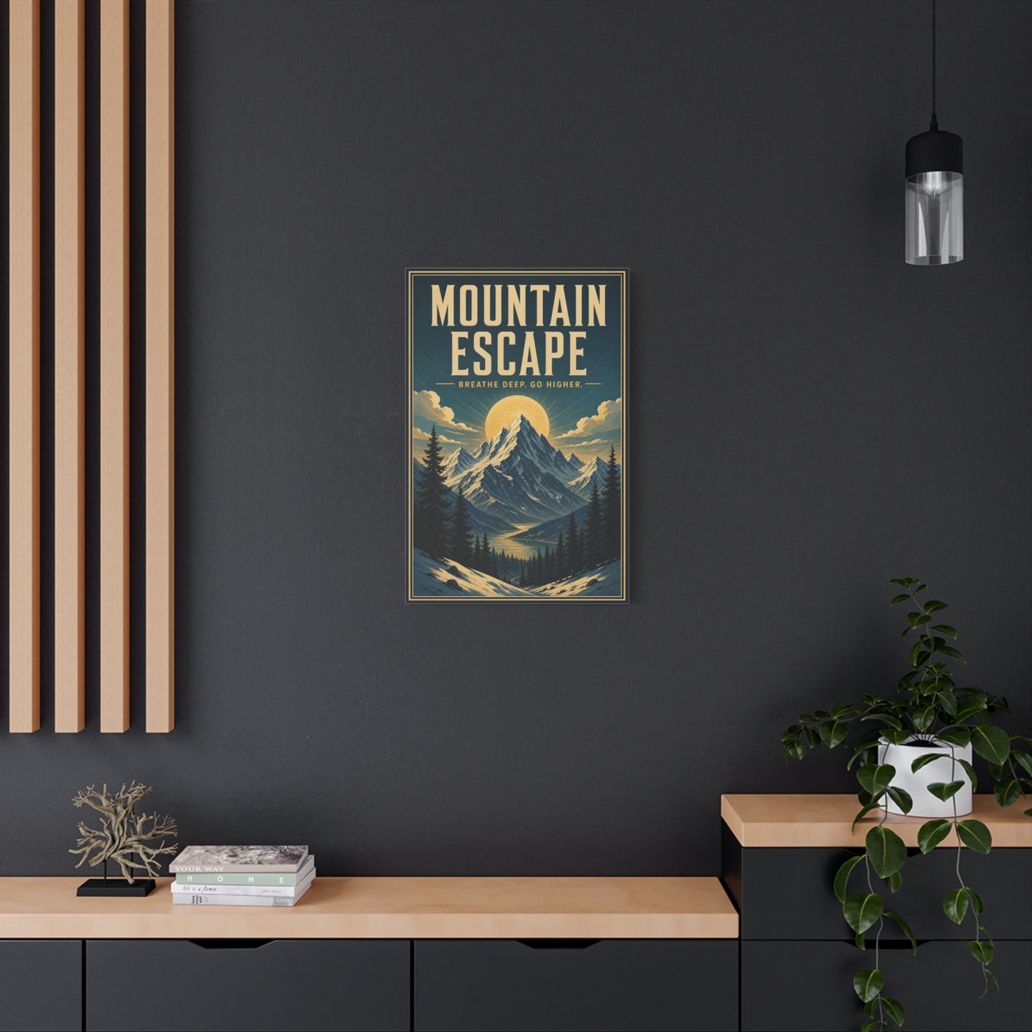 "Mountain Escape Breathe Deep. Go Higher." Canvas Wall Art - Vintage Mountain Landscape Poster Print, Sunlit Alpine Peaks, Rustic Lodge Style, Living Room Wall Decor, Office Art - Ready to Hang