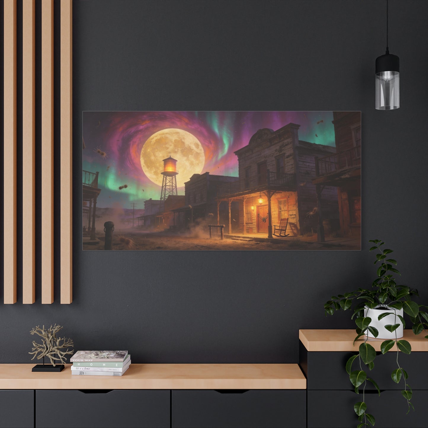 Moonlit Western Town Canvas Wall Art - Surreal Desert Street, Water Tower, Aurora Sky - Matte Cotton Art Print - Vintage Frontier Style, Living Room Wall Decor Office Accent - Bedroom Home Decoration