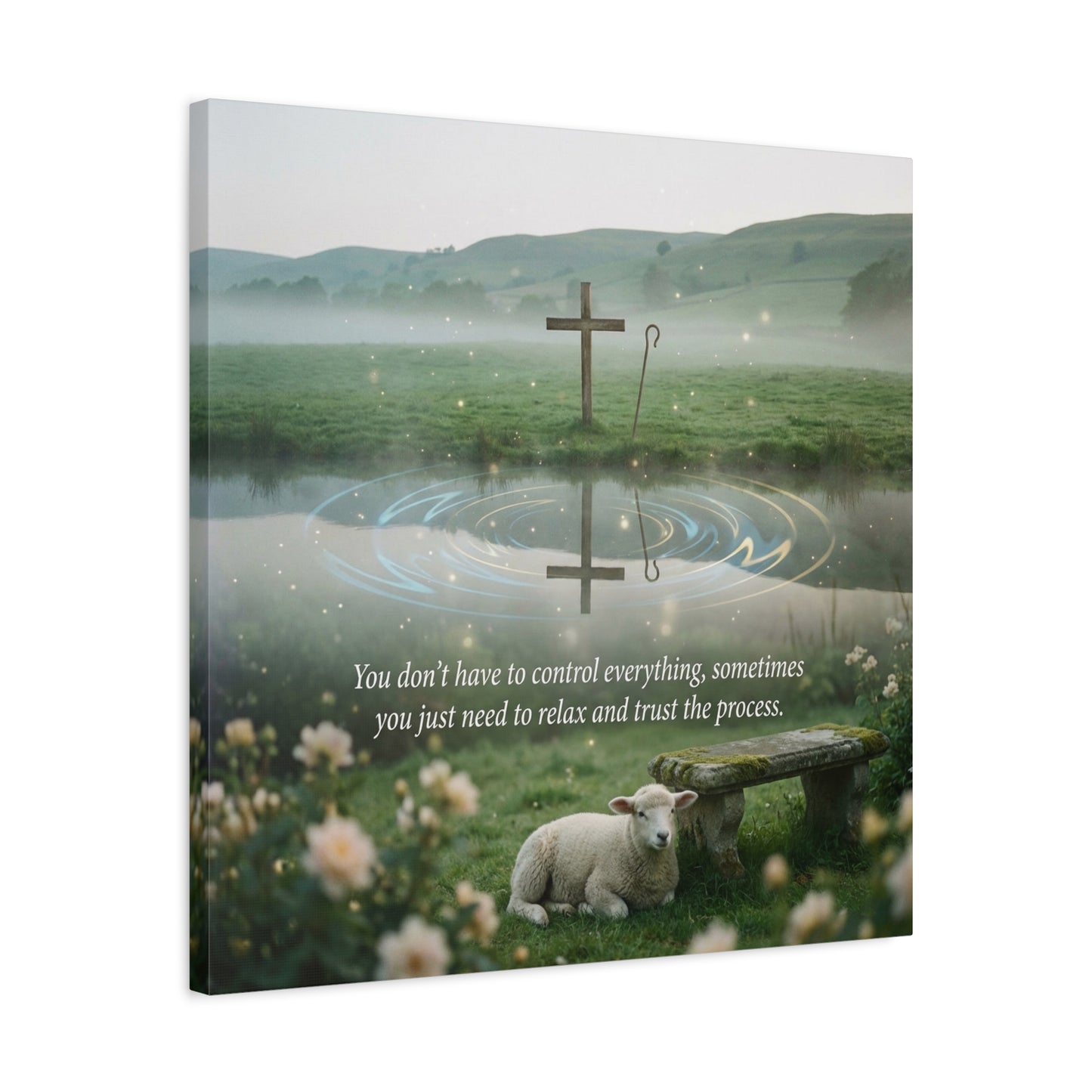 "You Don’t Have To Control Everything, Sometimes You Just Need To Relax And Trust The Process" Canvas Wall Art - Christian Cross, Lamb Meadow Scene - Inspirational Farmhouse Decor - Office Wall Art
