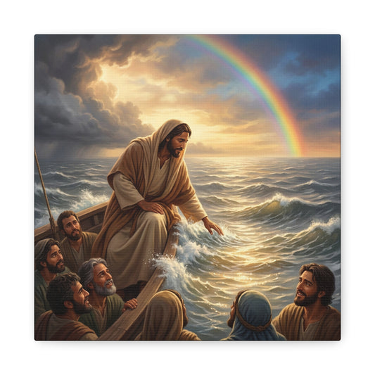 Jesus Christ Walking On Water Canvas Wall Art - Rainbow Over Stormy Sea, Disciples In Boat - Matte Cotton Print - Traditional Religious Style - Living Room Wall Decor - Bedroom Home Decoration