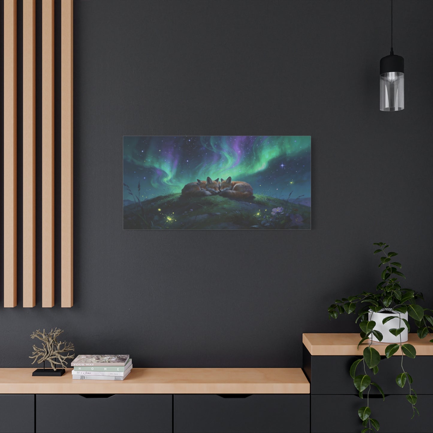 Sleeping Red Foxes Canvas Wall Art - Aurora Borealis Night Sky Animal Print - Dreamy Matte Canvas Print, Whimsical Wildlife Style - Bedroom Home Decoration, Nursery Wall Hanging - Ready to Hang