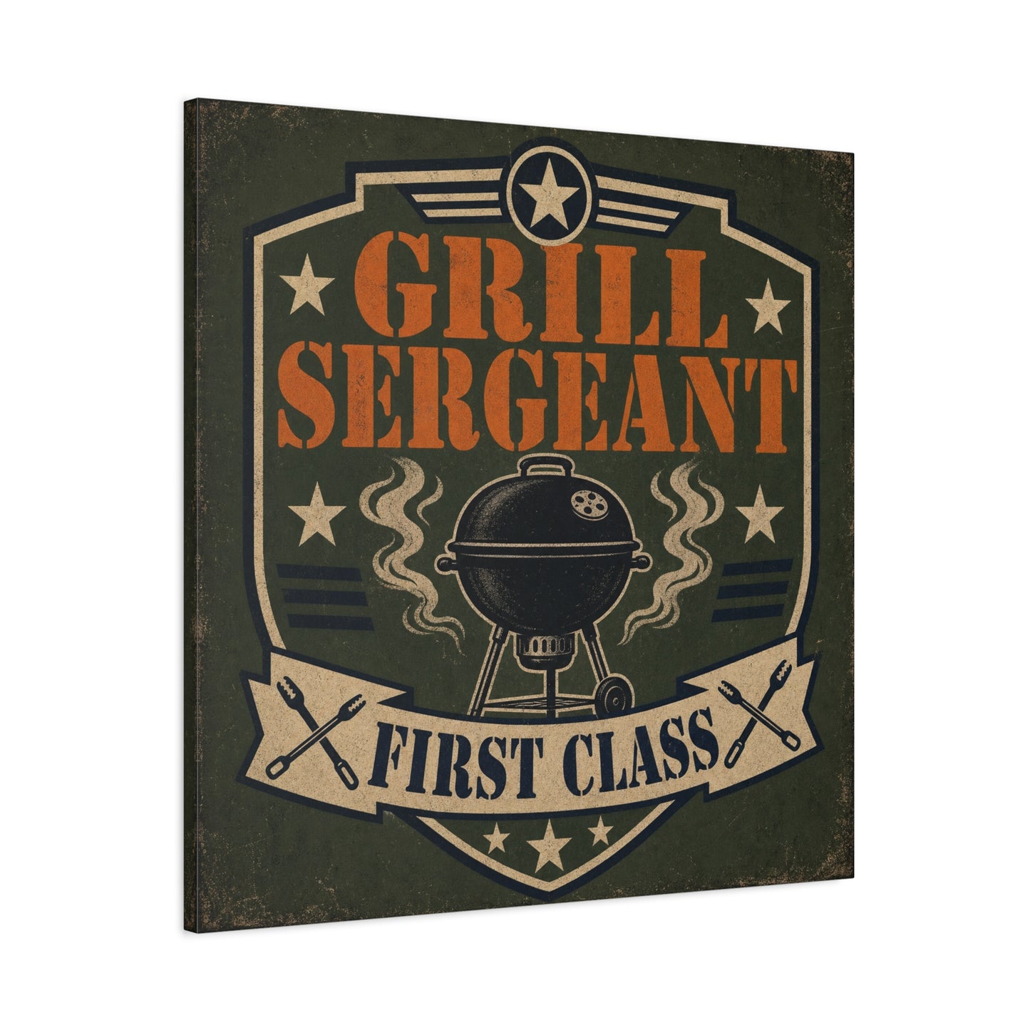 "Grill Sergeant First Class" BBQ Canvas Wall Art - Vintage Grill Badge Sign, Rustic Patriotic Kitchen Decor, Retro Barbecue Poster Style, Man Cave Wall Decor - Ready to Hang - Bedroom Home Decoration