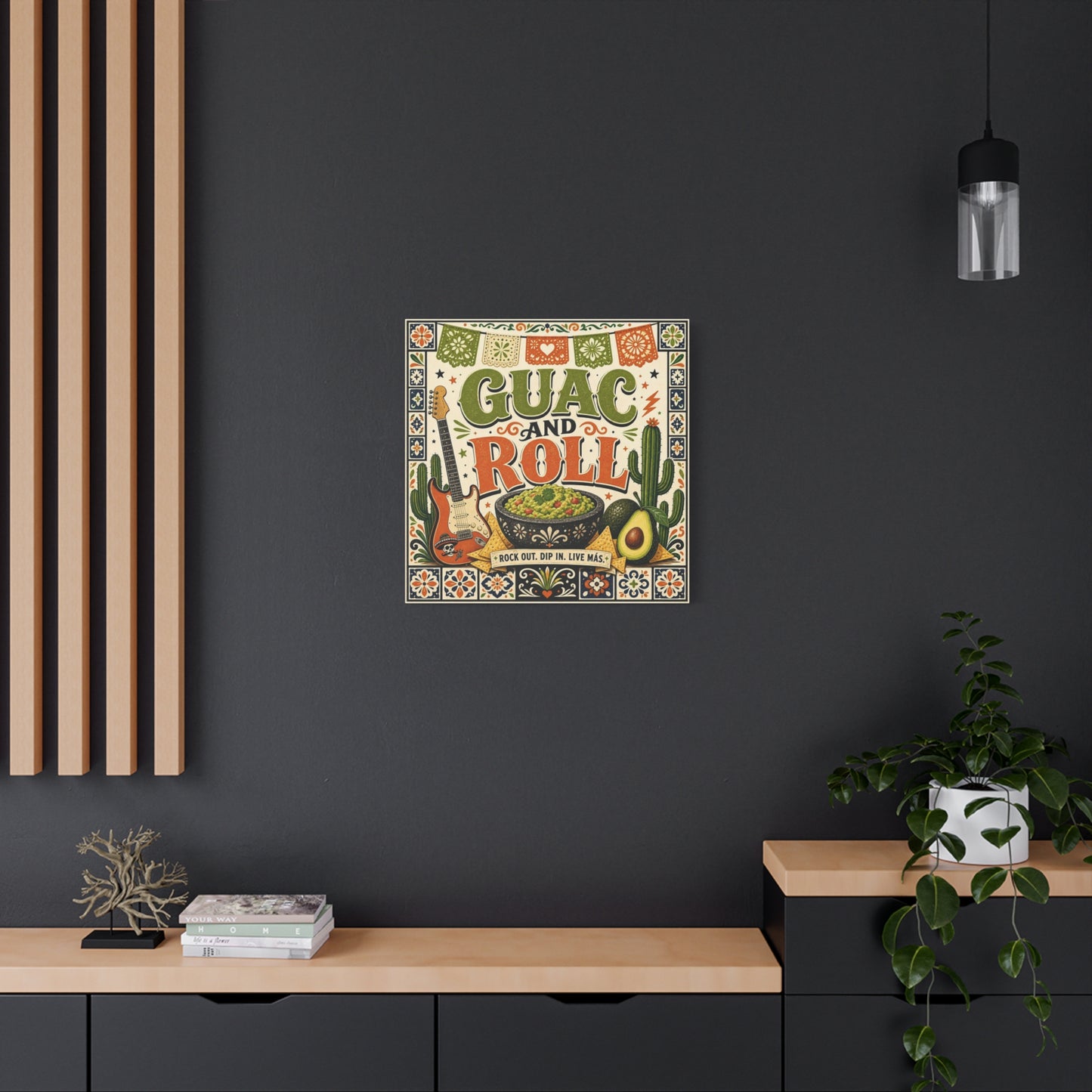 "Guac And Roll" Typography Canvas Wall Art - Fiesta Guitar, Cactus, Avocado Folk Illustration - Bohemian Rustic Style - Kitchen Wall Decor, Dining Room Accent, Cafe Wall Decor - Modern Farmhouse Style