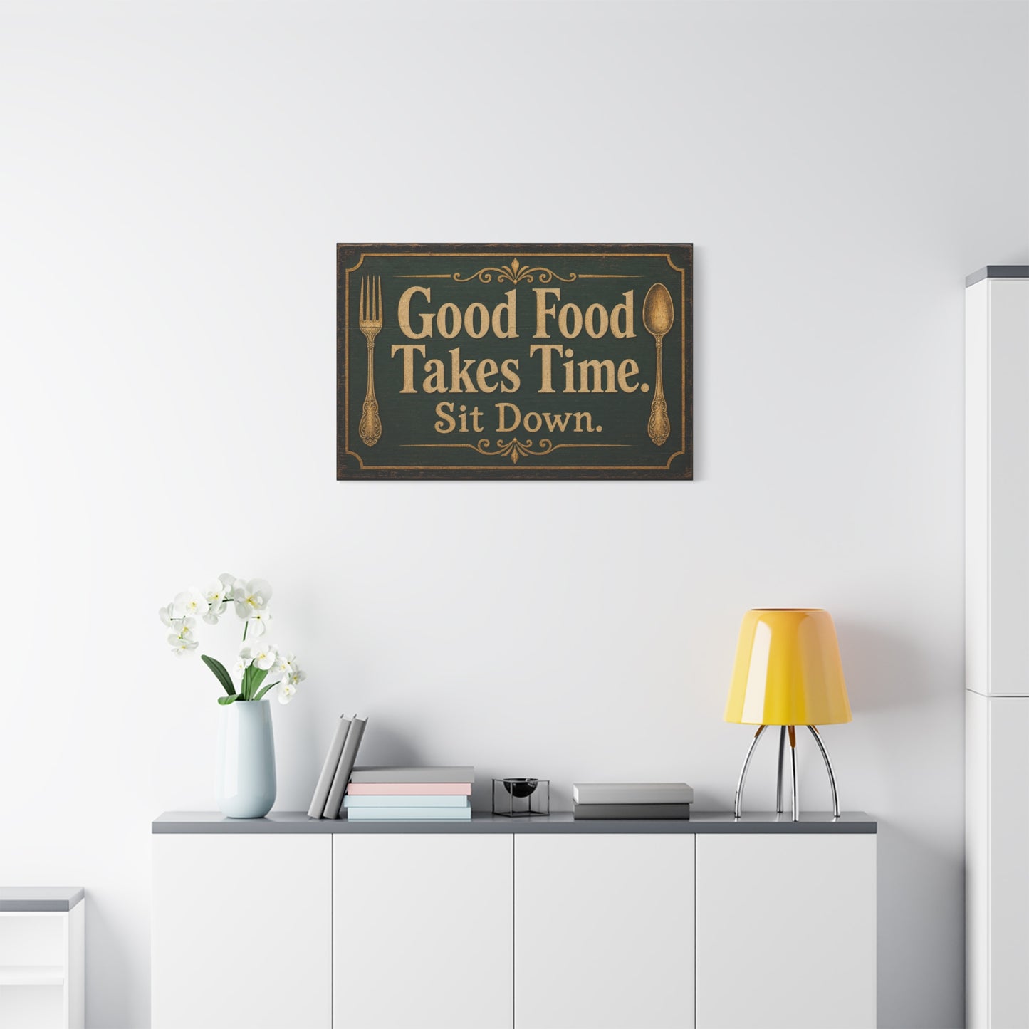 "Good Food Takes Time. Sit Down." Canvas Wall Art - Vintage Typography Decor - Rustic Farmhouse, Restaurant Wall Hanging - Modern Farmhouse Style - Ready to Hang - Bistro Sign Decor - HP Latex Print