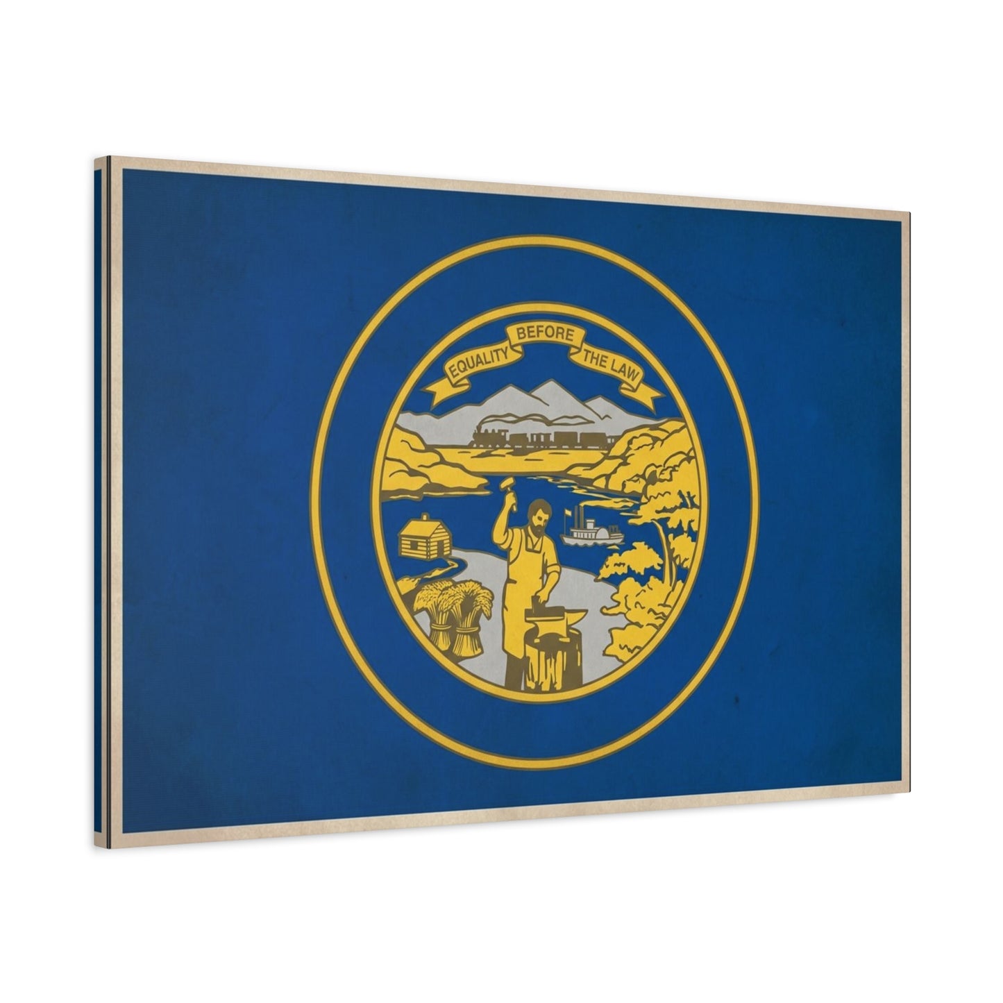 "Equality Before The Law" Kansas State Flag Canvas Wall Art - Blue Gold Sunflower State Seal Print - Vintage Americana Style, Living Room Wall Decor, Office Home Decoration - Bedroom Home Decoration