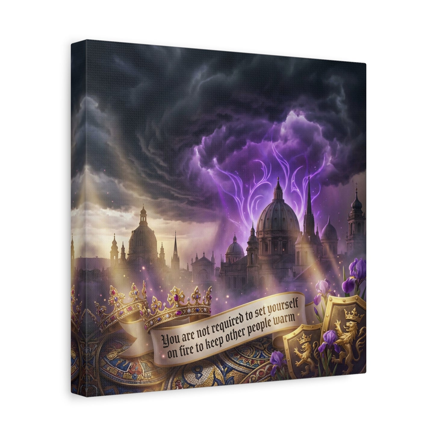 "You Are Not Required To Set Yourself On Fire" Canvas Wall Art - Gothic Castle Quote Decor, Purple Storm Sky, Crown And Iris Fantasy Print - Bedroom Home Decoration, Living Room Accent - Ready to Hang