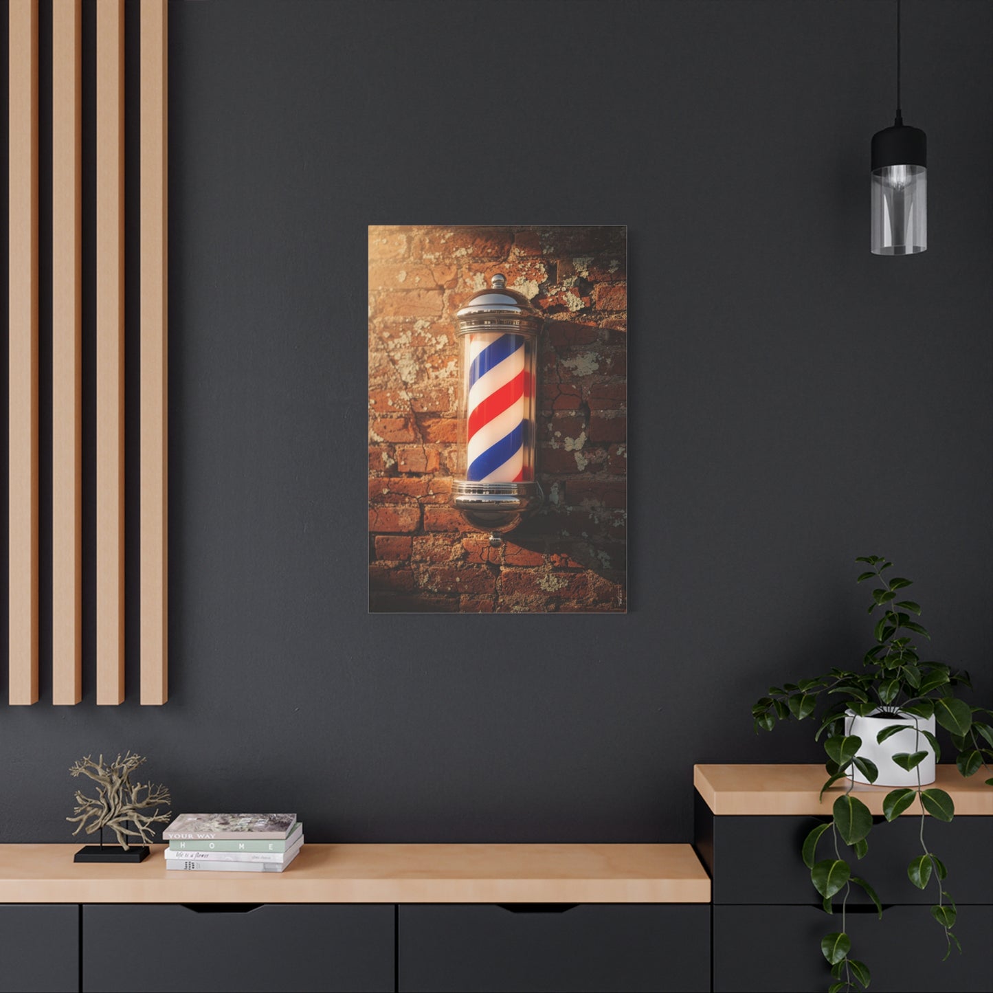 Vintage Barber Pole Canvas Wall Art - Rustic Brick Wall Art Print, Red Blue White Stripe Shop Decor - Matte Cotton Art Print - Barbershop Interior Accent, Lobby Workspace Styling - Ready to Hang