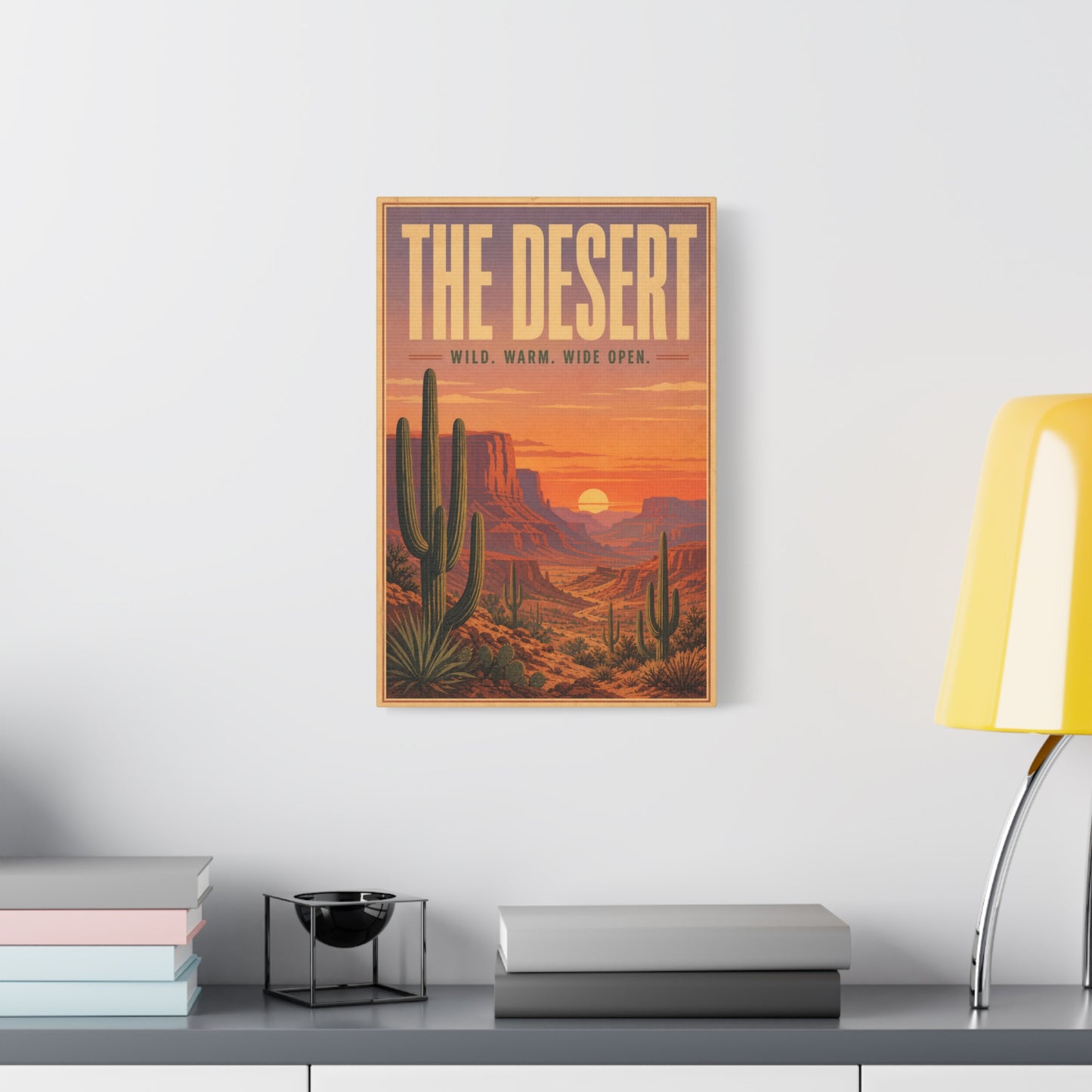 "The Desert" Wild. Warm. Wide Open. Desert Canvas Wall Art - Vintage Saguaro Sunset Canyon Landscape Print - Southwestern Wall Decor - Living Room Home Decoration, Office Accent - Ready to Hang