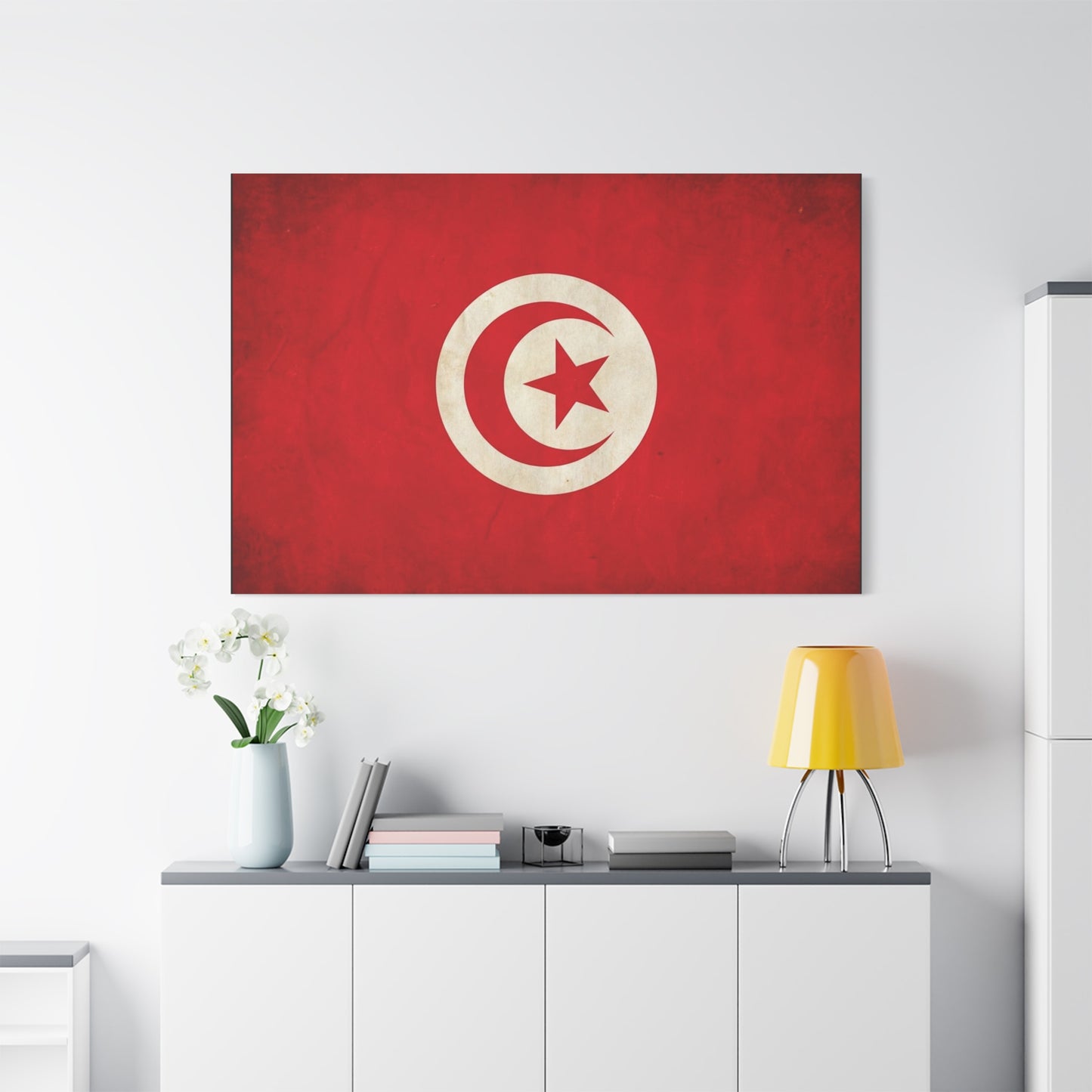 Tunisia Flag Canvas Wall Art - Vintage Red Crescent Star Print, Patriotic Country Decor - Matte Cotton Artwork - Living Room Wall Decor - Bedroom Home Decoration - Bedroom Home Decoration