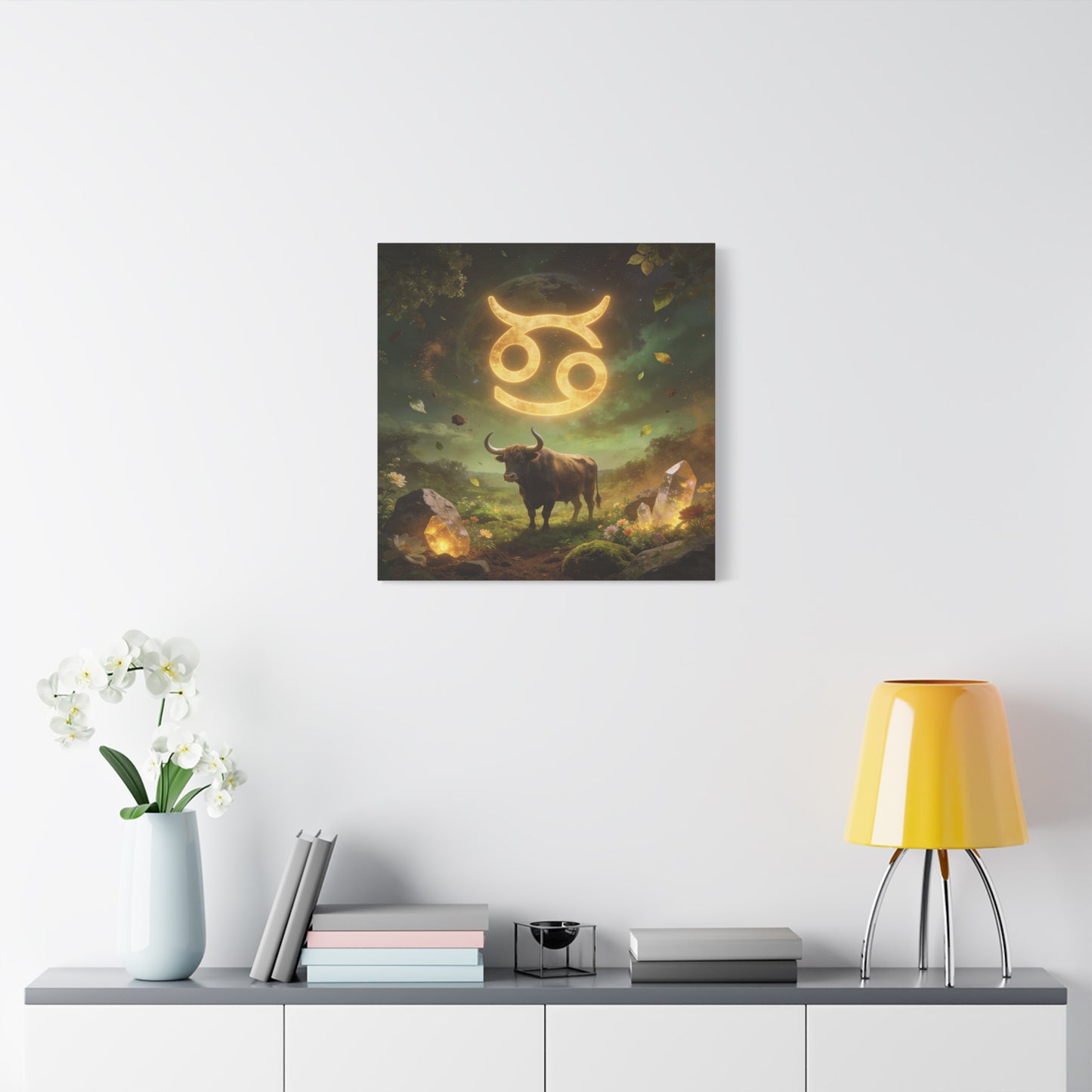 Cancer Zodiac Canvas Wall Art - Glowing Astrology Symbol, Bull And Crystal Fantasy Scene - Celestial Green Gold Illustration - Bedroom Home Decoration, Meditation Space Accent - Living Room Wall Decor
