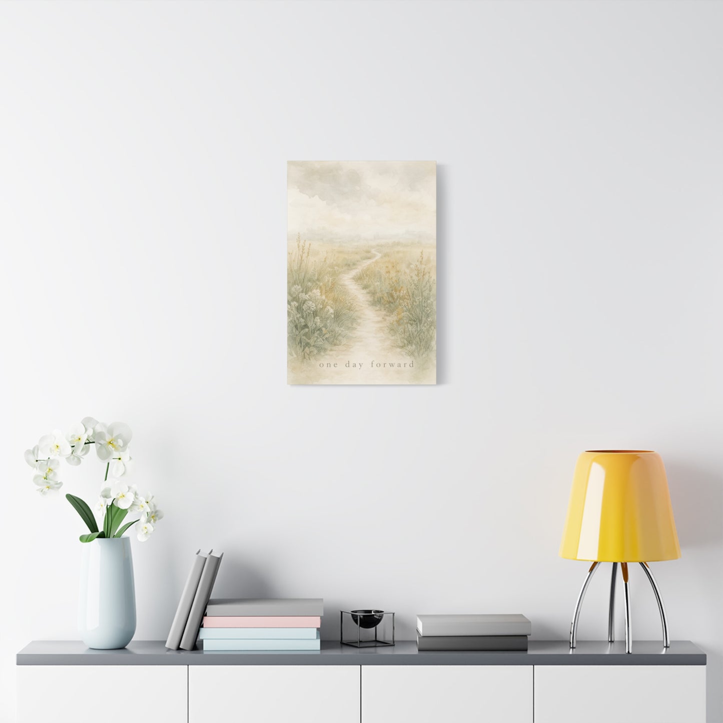 "One Day Forward" Inspirational Canvas Wall Art - Soft Meadow Path Watercolor Print, Neutral Sage Beige Botanical Landscape, Bedroom Wall Decor, Meditation Space Home Decoration - Ready to Hang