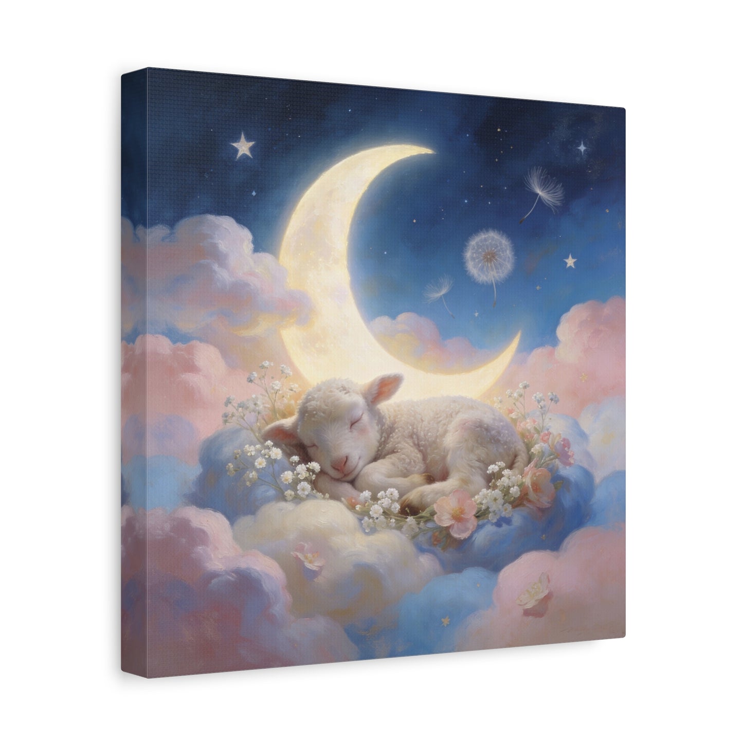 Sleeping Lamb Canvas Wall Art - Crescent Moon, Stars, Pink Clouds Nursery Decor - Dreamy Pastel Canvas Print - Whimsical Storybook Style - Bedroom Home Decoration, Kids Room Accent - Office Wall Art