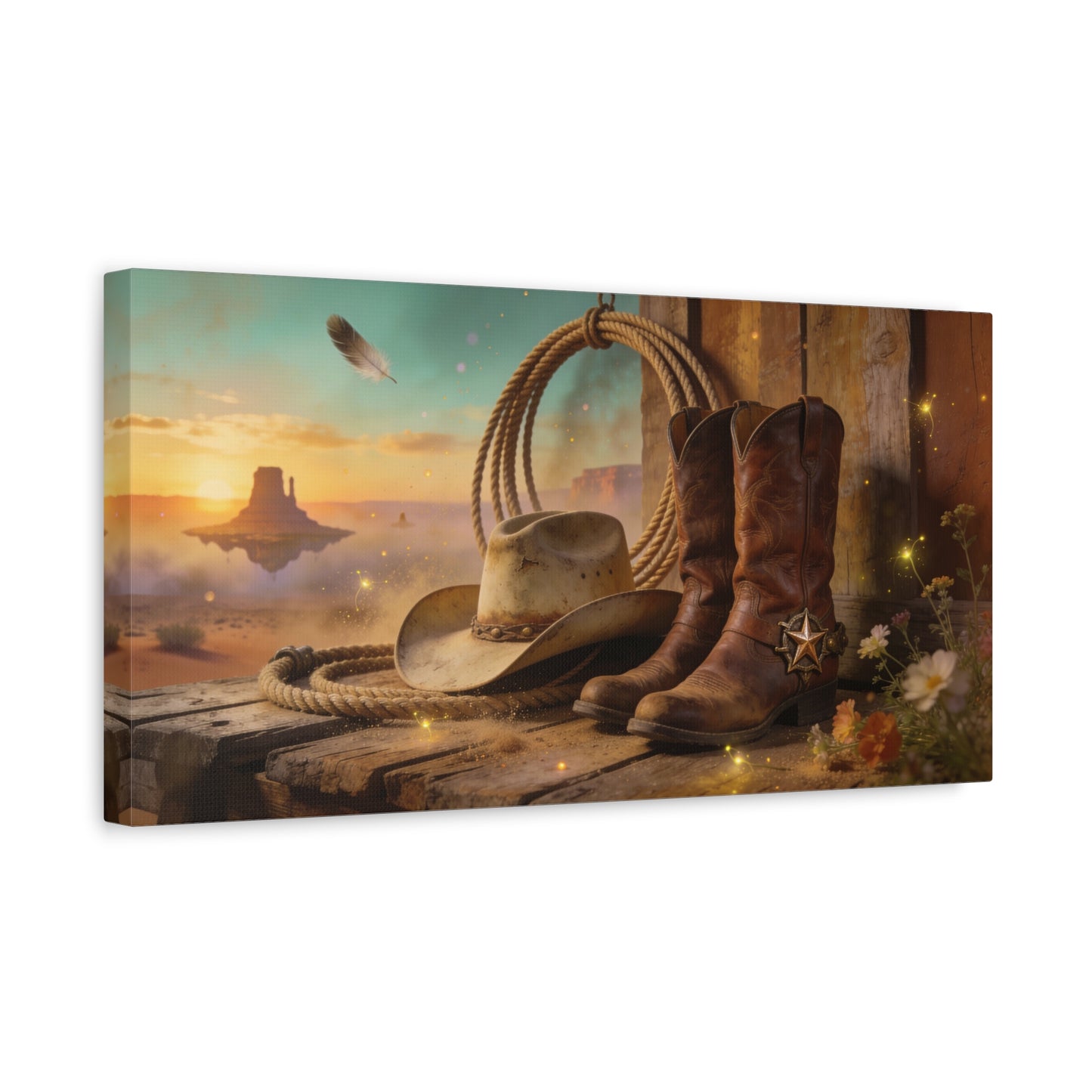 Western Cowboy Boots Canvas Wall Art - Desert Mesa Sunset, Hat And Lasso - Rustic Cotton Print - Vintage Ranch Style - Living Room Wall Decor, Office Art, Entryway Decoration - Bedroom Home Decoration