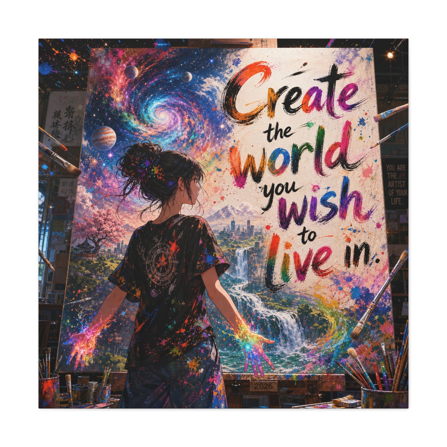 "Create The World You Wish To Live In" Inspirational Canvas Wall Art - Colorful Cosmic Artist Girl Quote Print - Modern Typography Decor - Bedroom Home Decoration, Creative Office Accent