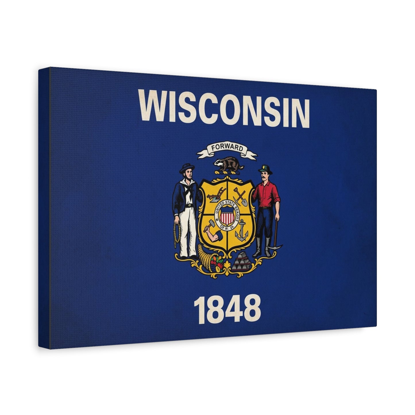 "Wisconsin" 1848 State Flag Canvas Wall Art - Wisconsin Pride Decor, Vintage Typography Banner Print - Patriotic Blue Wall Decor - Living Room Home Decoration - Ready to Hang - Bedroom Home Decoration