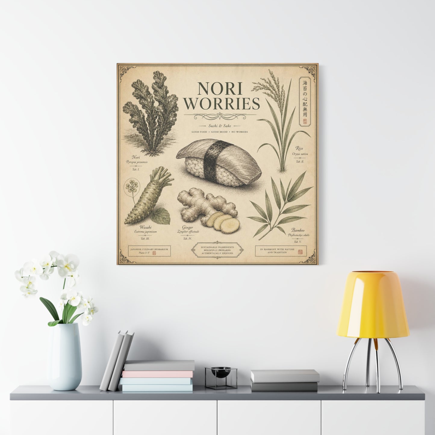 "Nori Worries" Sushi And Sake Canvas Wall Art - Vintage Japanese Culinary Herbarium Print, Rice Nori Wasabi Ginger Bamboo Illustration - Kitchen Wall Decor, Dining Room Accent - Modern Farmhouse Style