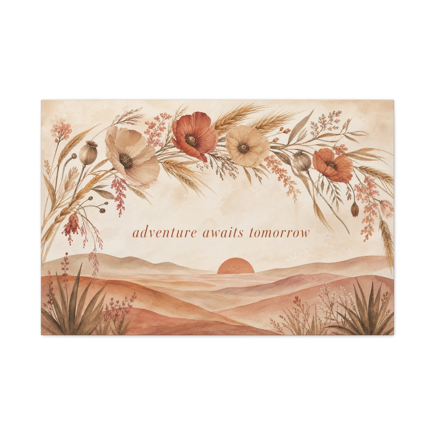 "Adventure Awaits Tomorrow" Poppy Flower Canvas Wall Art - Boho Botanical Desert Sunset Quote Print - Warm Neutral Watercolor Landscape - Bedroom Wall Decor, Living Room Home Accent - Ready to Hang