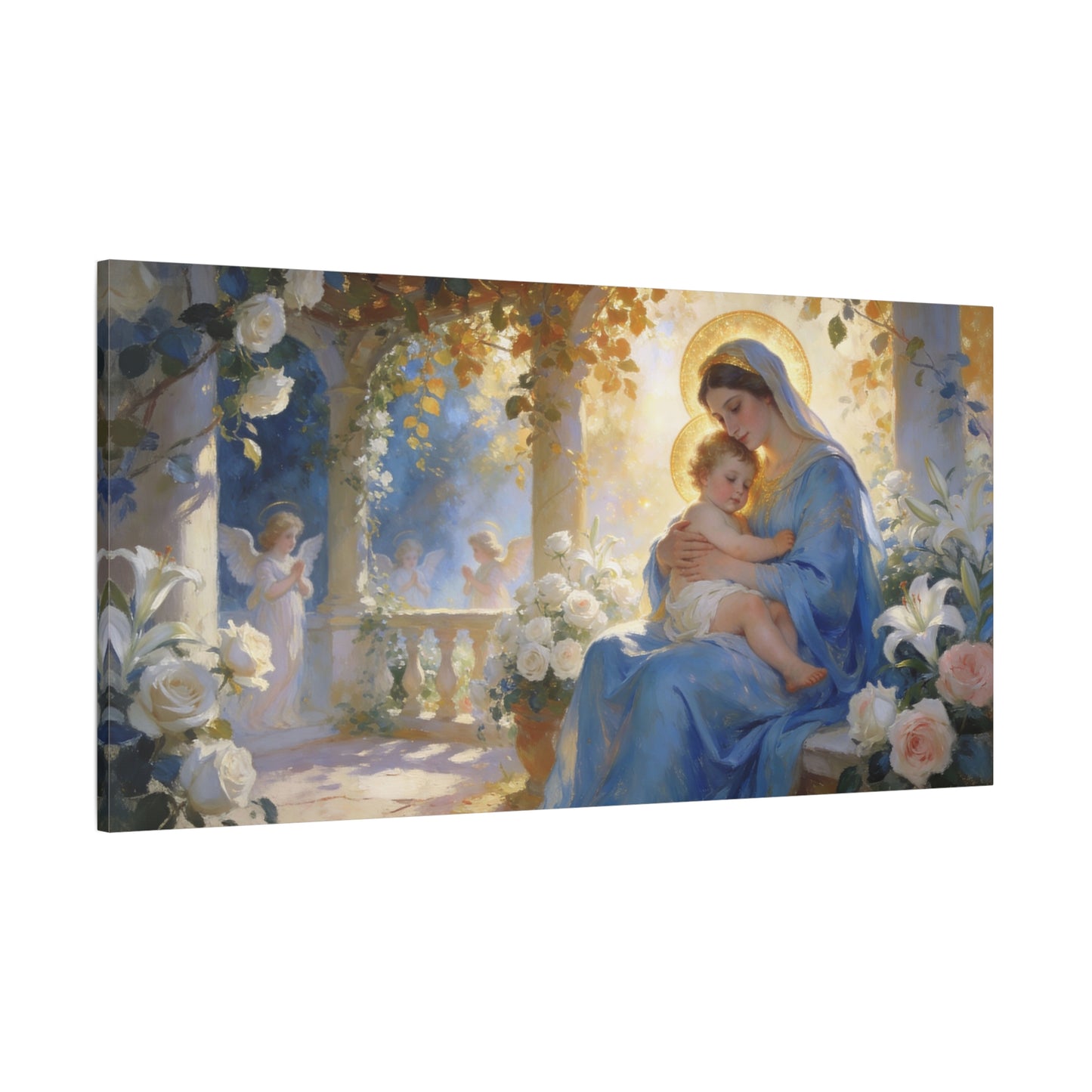 Virgin Mary And Baby Jesus Canvas Wall Art - Religious Madonna Lily Rose Painting - Traditional Blue Gold Sacred Nursery Style - Bedroom Wall Decor, Christian Home Accent - Bedroom Home Decoration
