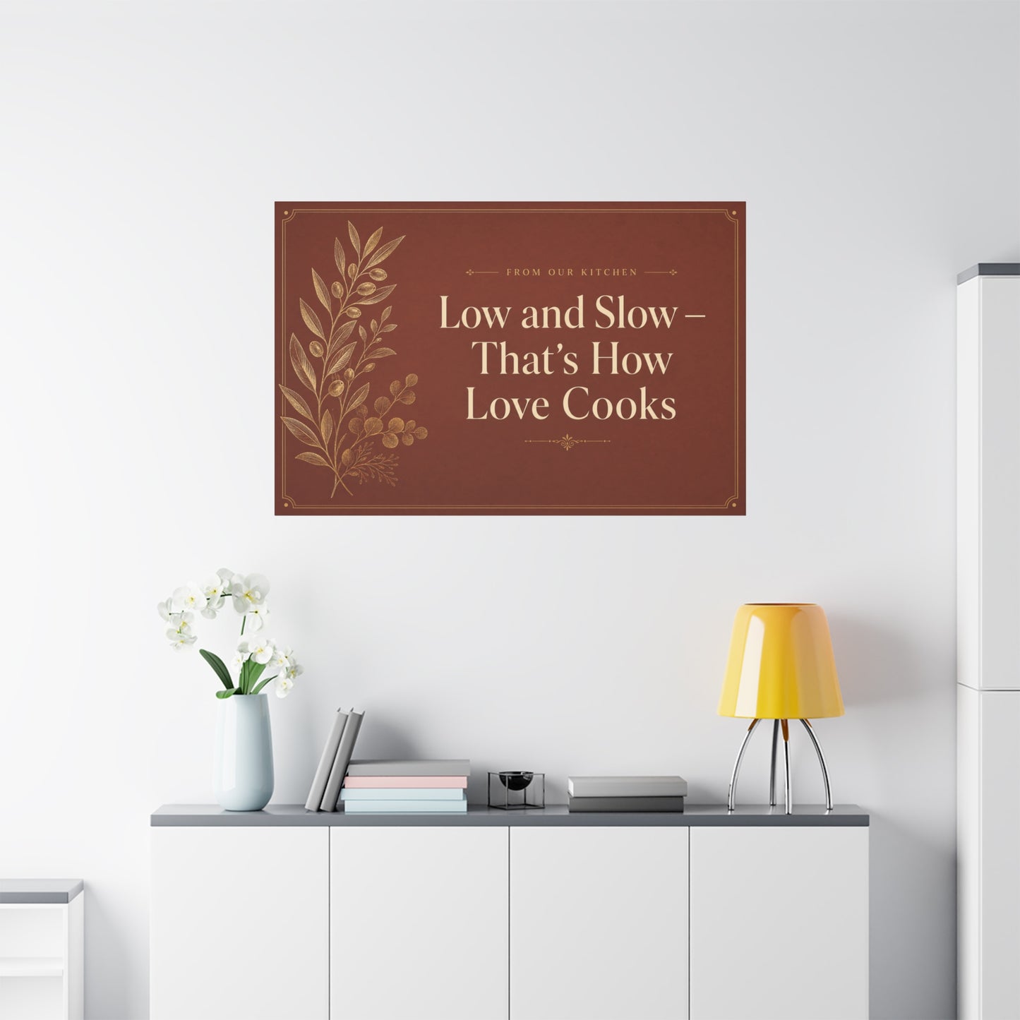 "Low And Slow - That's How Love Cooks" Kitchen Canvas Wall Art - Rustic Typography Botanical Print - Brown Farmhouse Dining Room Decor - Office Wall Art - Bedroom Home Decoration - Ready to Hang