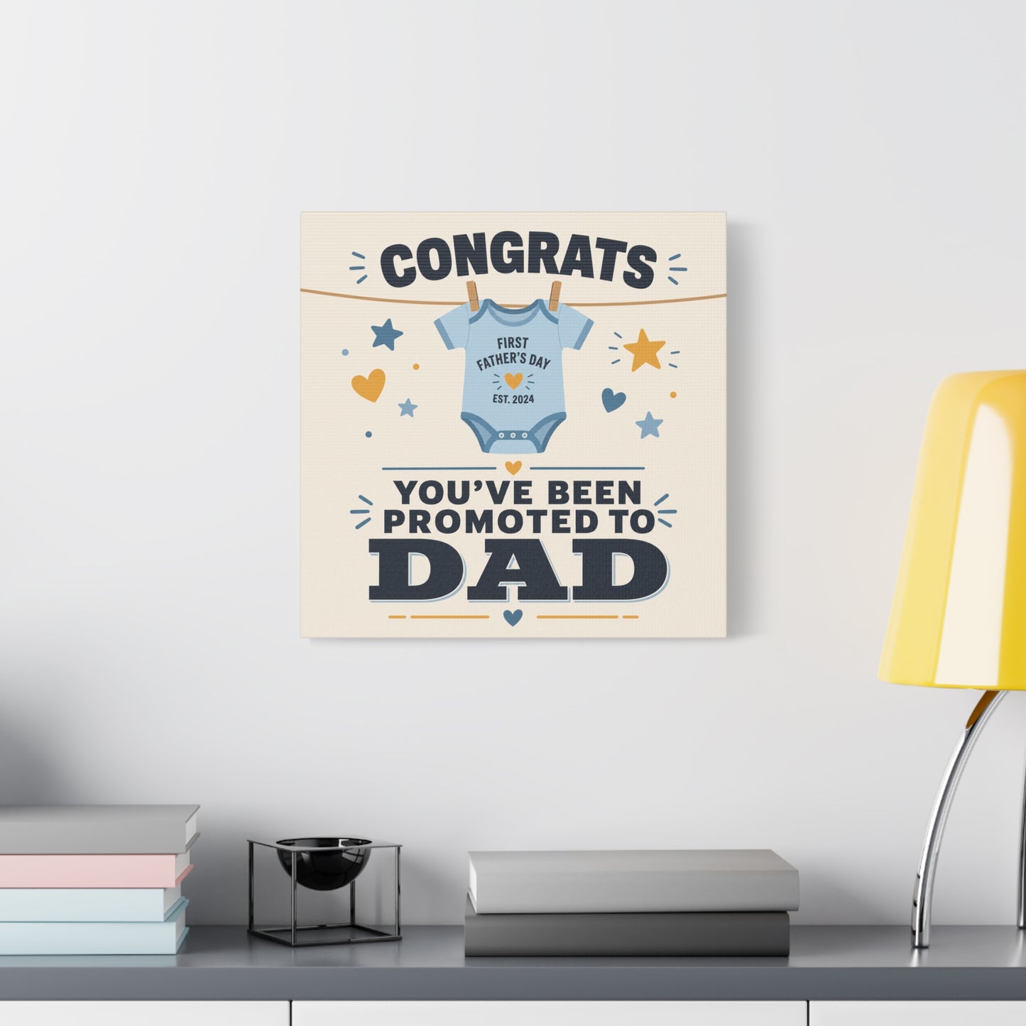 "Congrats You've Been Promoted To Dad" Canvas Wall Art - Baby Onesie Quote Print, Blue And Gold Typography Decor - Nursery Bedroom Wall Hanging - Bedroom Home Decoration - Modern Farmhouse Style