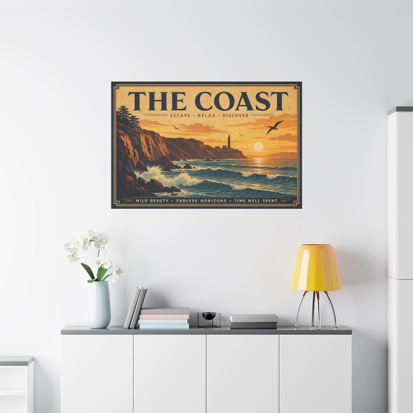 "The Coast" Coastal Canvas Wall Art - Vintage Lighthouse Sunset Ocean Waves Print - Retro Seascape Home Decor, Nautical Living Room Wall Decor - Modern Farmhouse Style - Bedroom Home Decoration