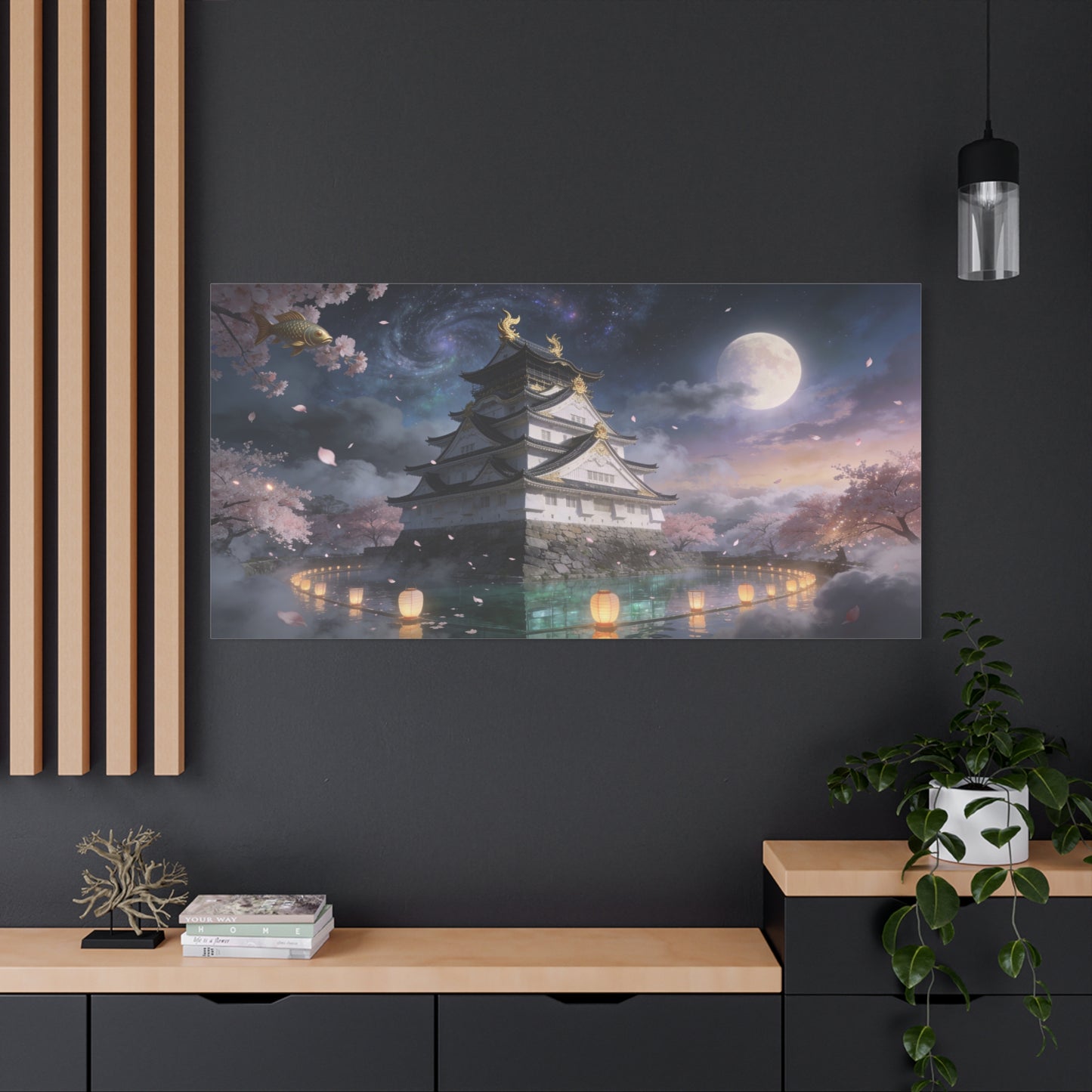 Japanese Castle Canvas Wall Art - Moonlit Cherry Blossom Pagoda, Floating Koi, Fantasy Night Sky - Matte Cotton Art Print - Contemporary Landscape Style For Living Room Wall Decor - Ready to Hang