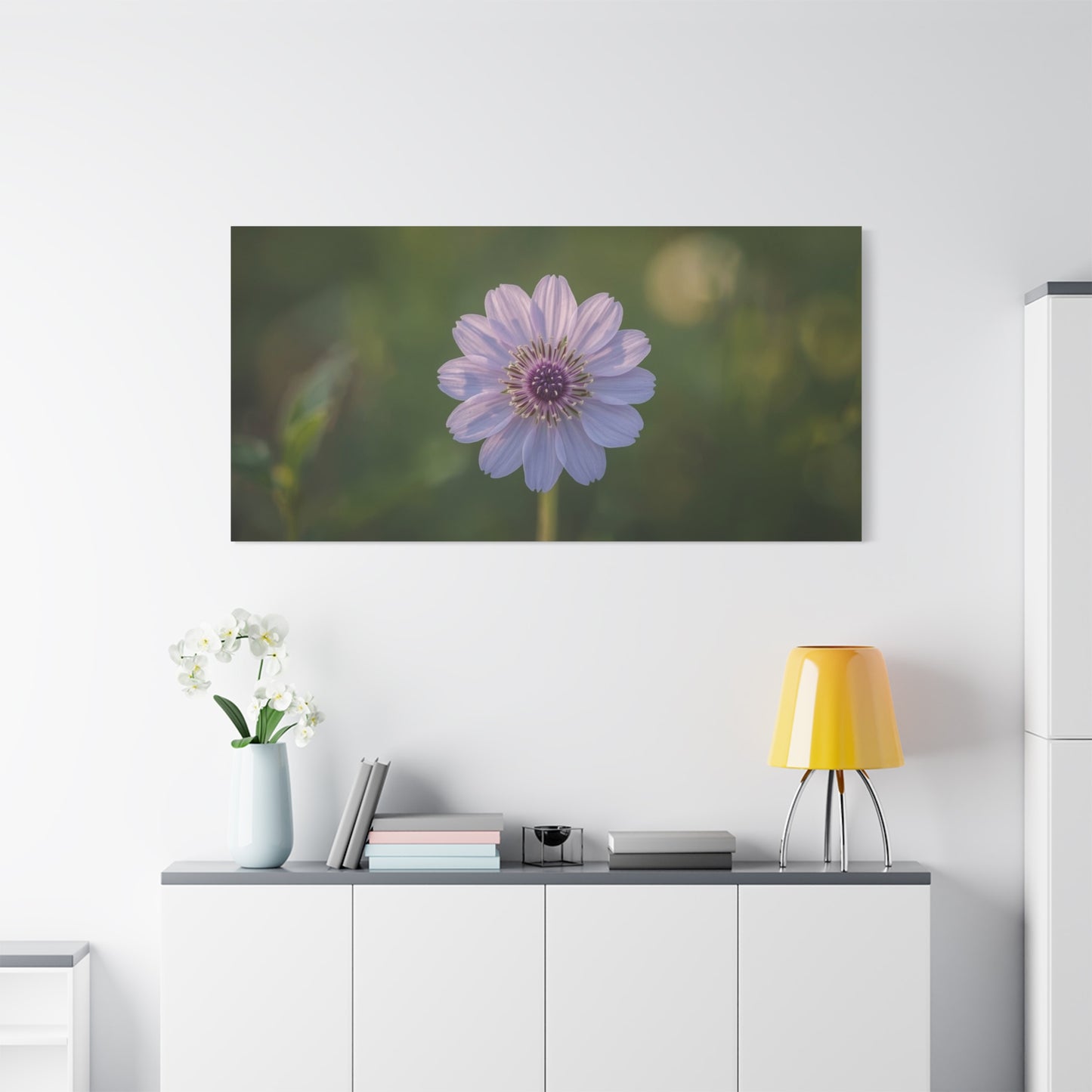 Purple Cosmos Flower Canvas Wall Art - Botanical Floral Art Print, Soft Green Bokeh Background - Matte Cotton Canvas - Contemporary Style, Bedroom Wall Decor, Living Room Accent