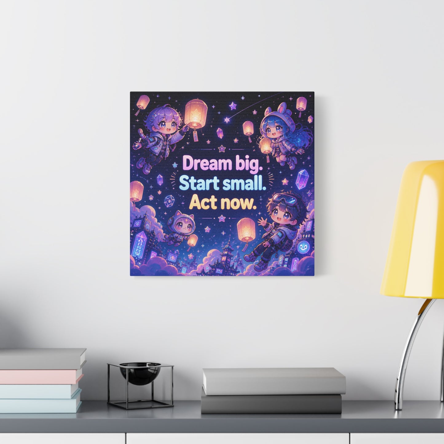 "Dream Big. Start Small. Act Now." Inspirational Canvas Wall Art - Kawaii Space Kids, Star Lantern Night Sky Quote Print - Neon Purple Blue Decor, Bedroom Home Decoration, Teen Room Accent
