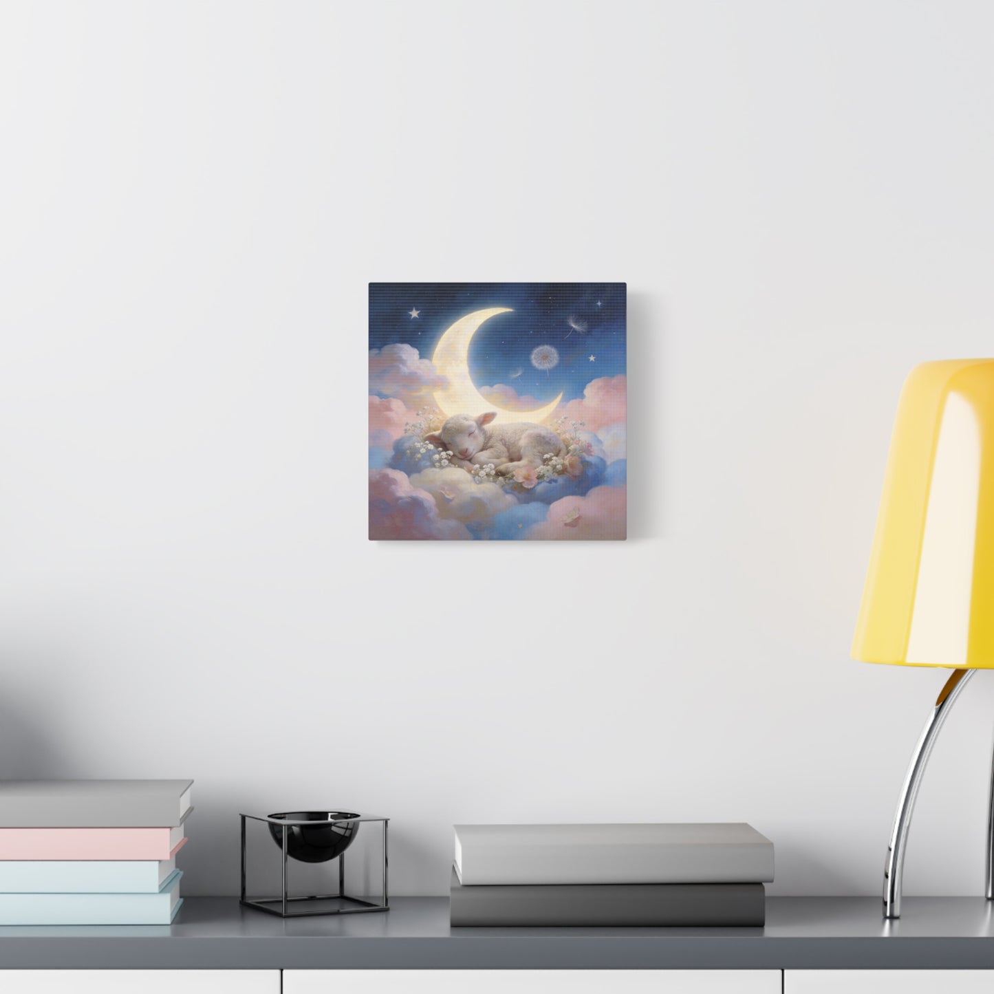 Sleeping Lamb Canvas Wall Art - Crescent Moon, Stars, Pink Clouds Nursery Decor - Dreamy Pastel Canvas Print - Whimsical Storybook Style - Bedroom Home Decoration, Kids Room Accent - Office Wall Art
