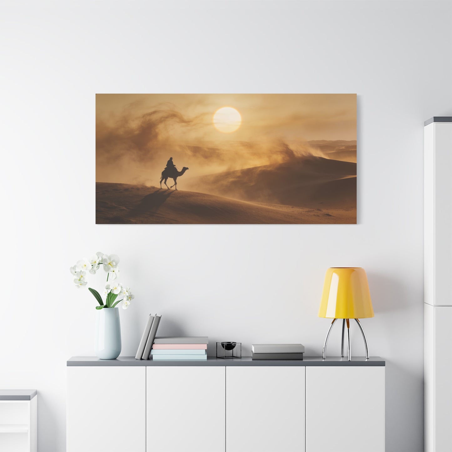 Desert Camel Rider Canvas Wall Art - Golden Sun Sand Dunes Landscape Print - Matte Cotton Artwork, Contemporary Style - Living Room Wall Decor, Bedroom Home Decoration - Bedroom Home Decoration
