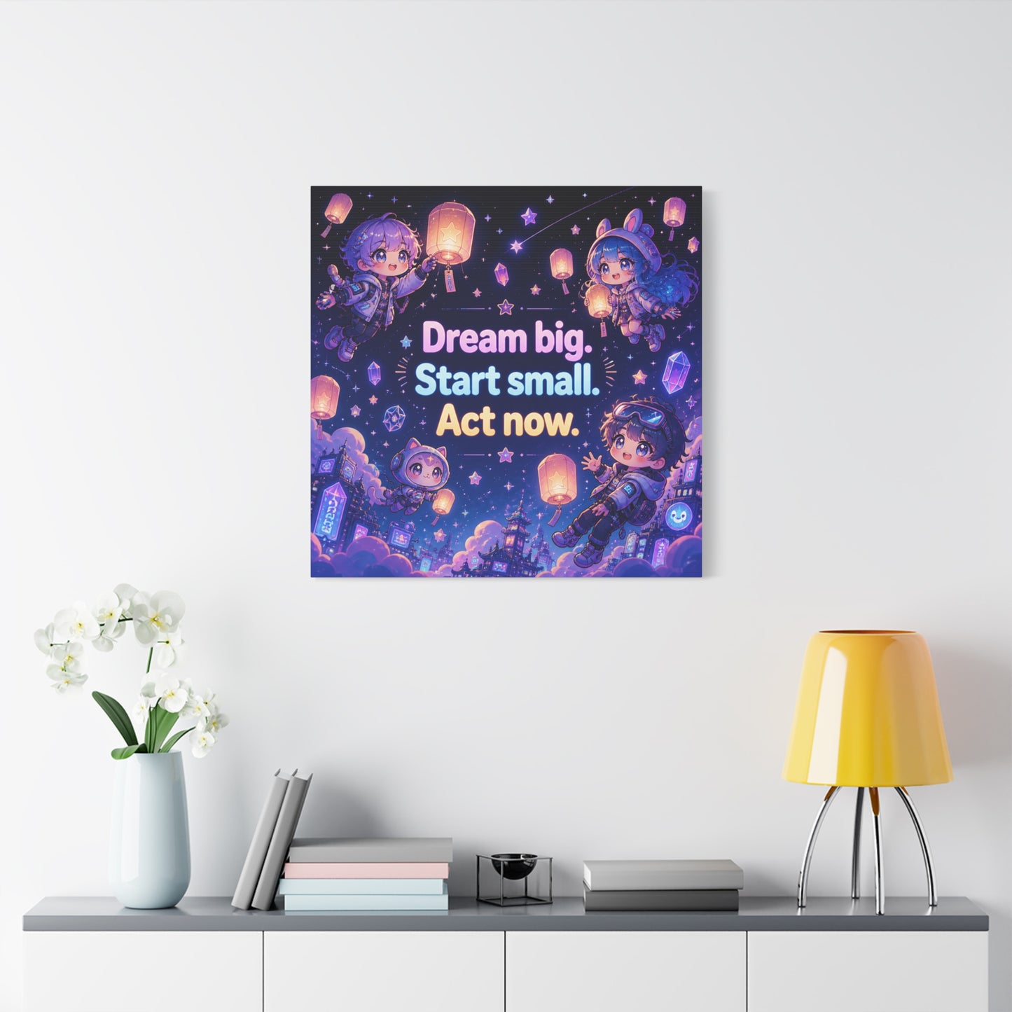 "Dream Big. Start Small. Act Now." Inspirational Canvas Wall Art - Kawaii Space Kids, Star Lantern Night Sky Quote Print - Neon Purple Blue Decor, Bedroom Home Decoration, Teen Room Accent