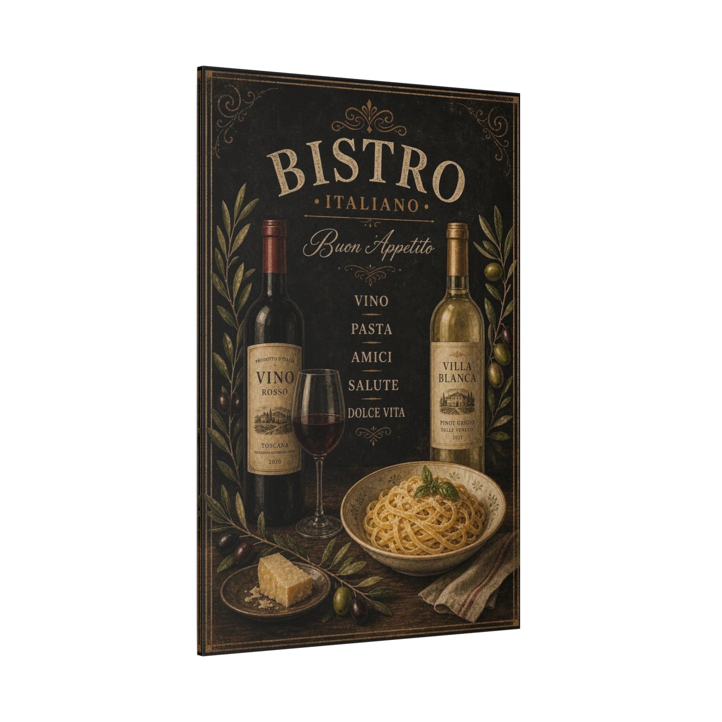 "Bistro Italiano Buon Appetito" Canvas Wall Art - Wine Bottles, Pasta, Olives - Vintage Italian Kitchen Decor - Rustic Farmhouse Style - Dining Room Accent, Cafe Wall Decor - Bedroom Home Decoration
