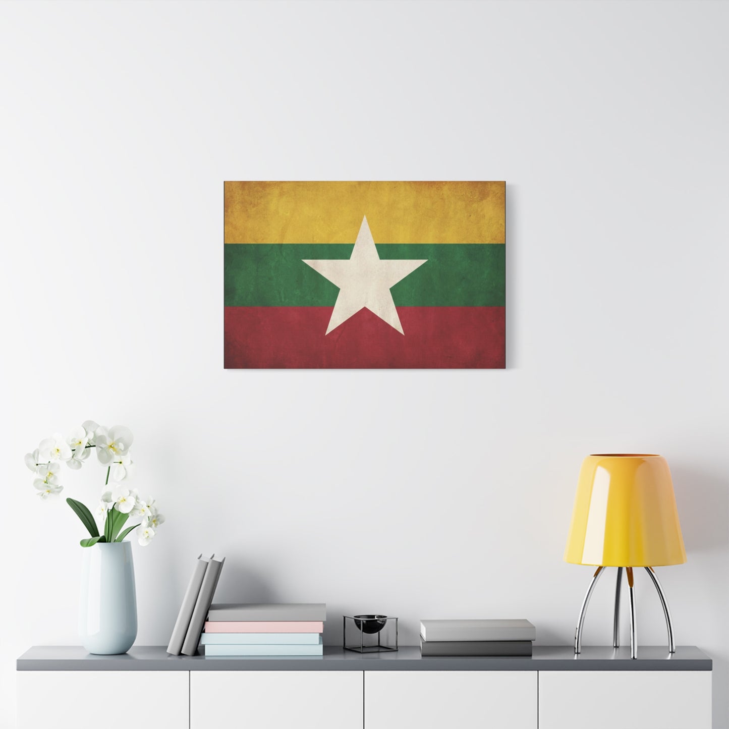 Myanmar Flag Canvas Wall Art - Vintage Burma Star Print, Patriotic Country Pride Decor - Distressed Tricolor Artwork - Living Room Wall Decor, Office Accent - Bedroom Home Decoration - Ready to Hang