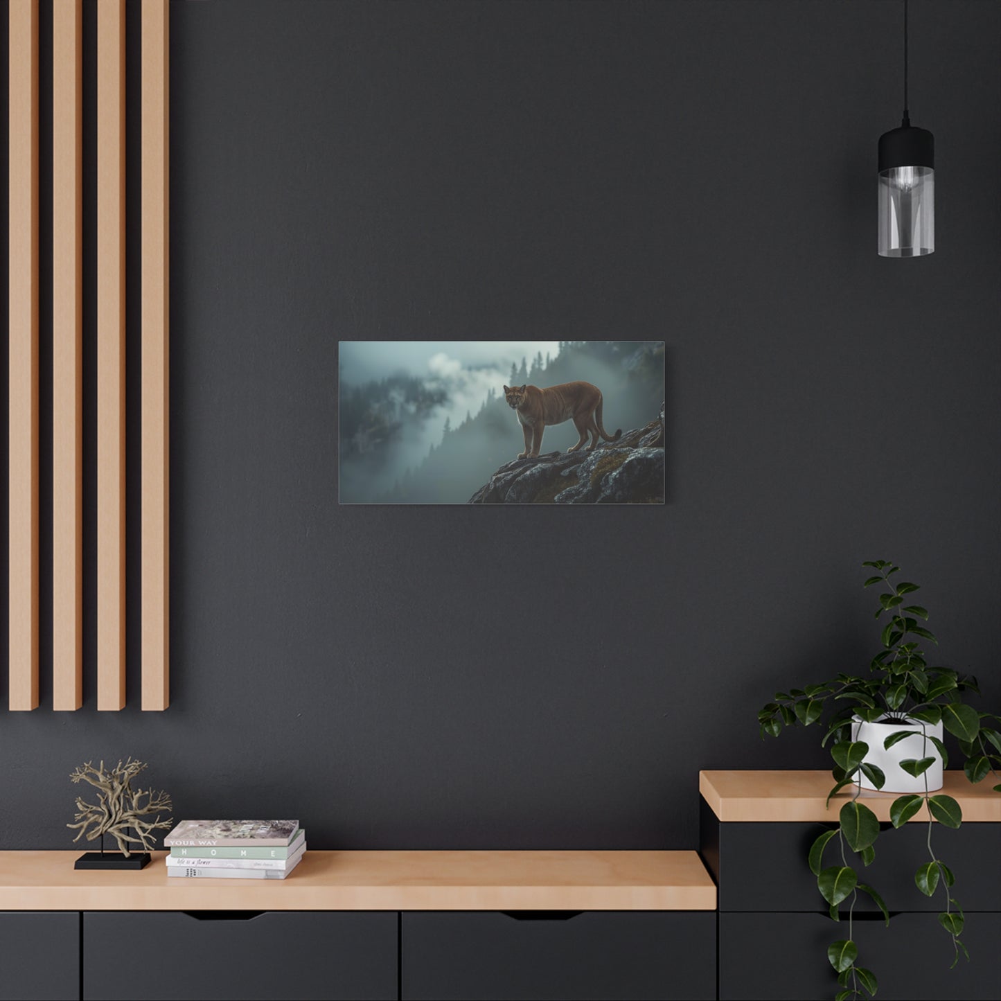 Mountain Lion Canvas Wall Art - Misty Forest Wildlife Landscape, Matte Canvas Print - Moody Contemporary Nature Decor - Living Room Wall Decor, Office Art, Rustic Lodge Accent - Modern Farmhouse Style