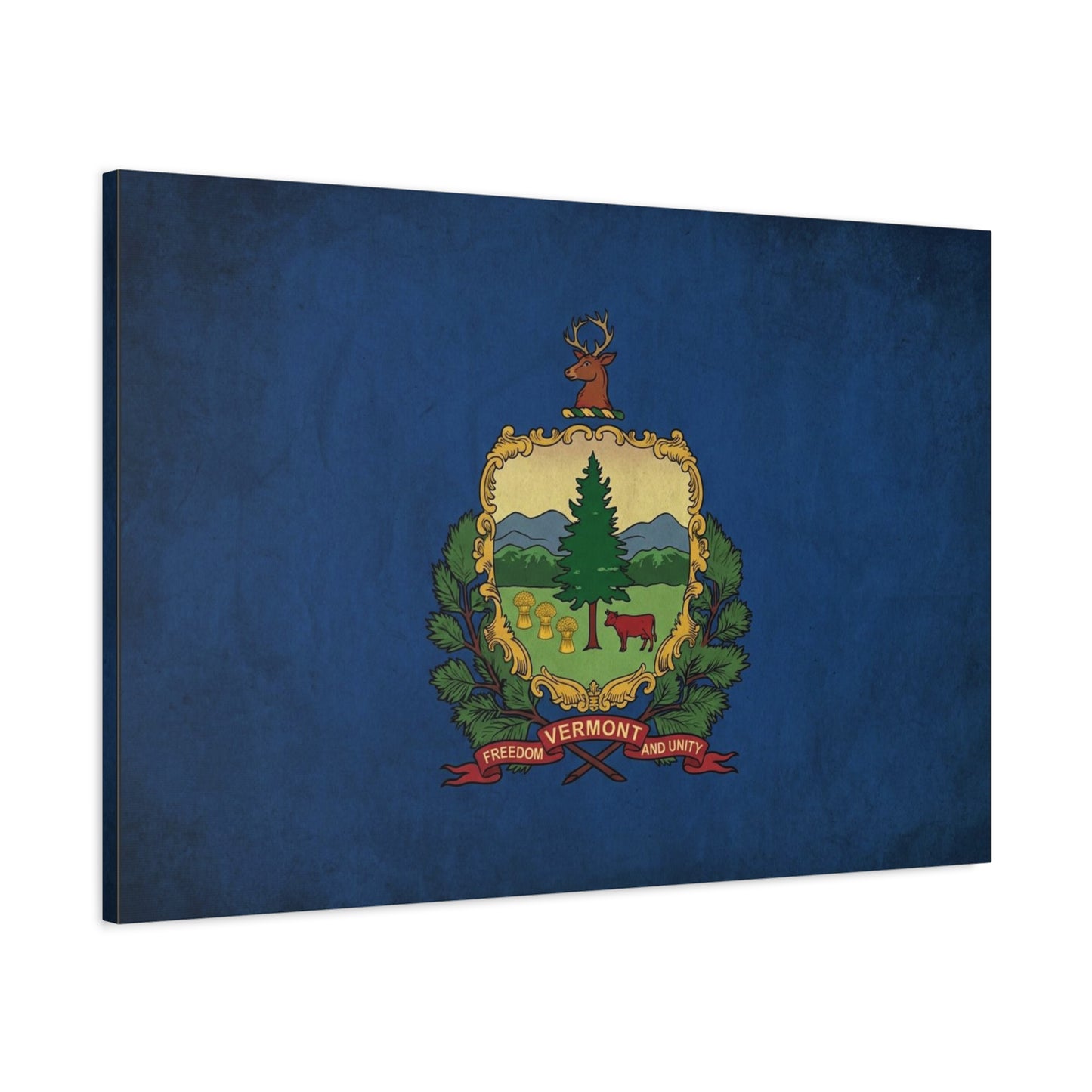 "VERMONT" State Flag Canvas Wall Art - Freedom And Unity Deer Crest Print - Vintage Blue Banner, Rustic Americana Style - Living Room Wall Decor, Office Decoration - Ready to Hang - Ready to Hang