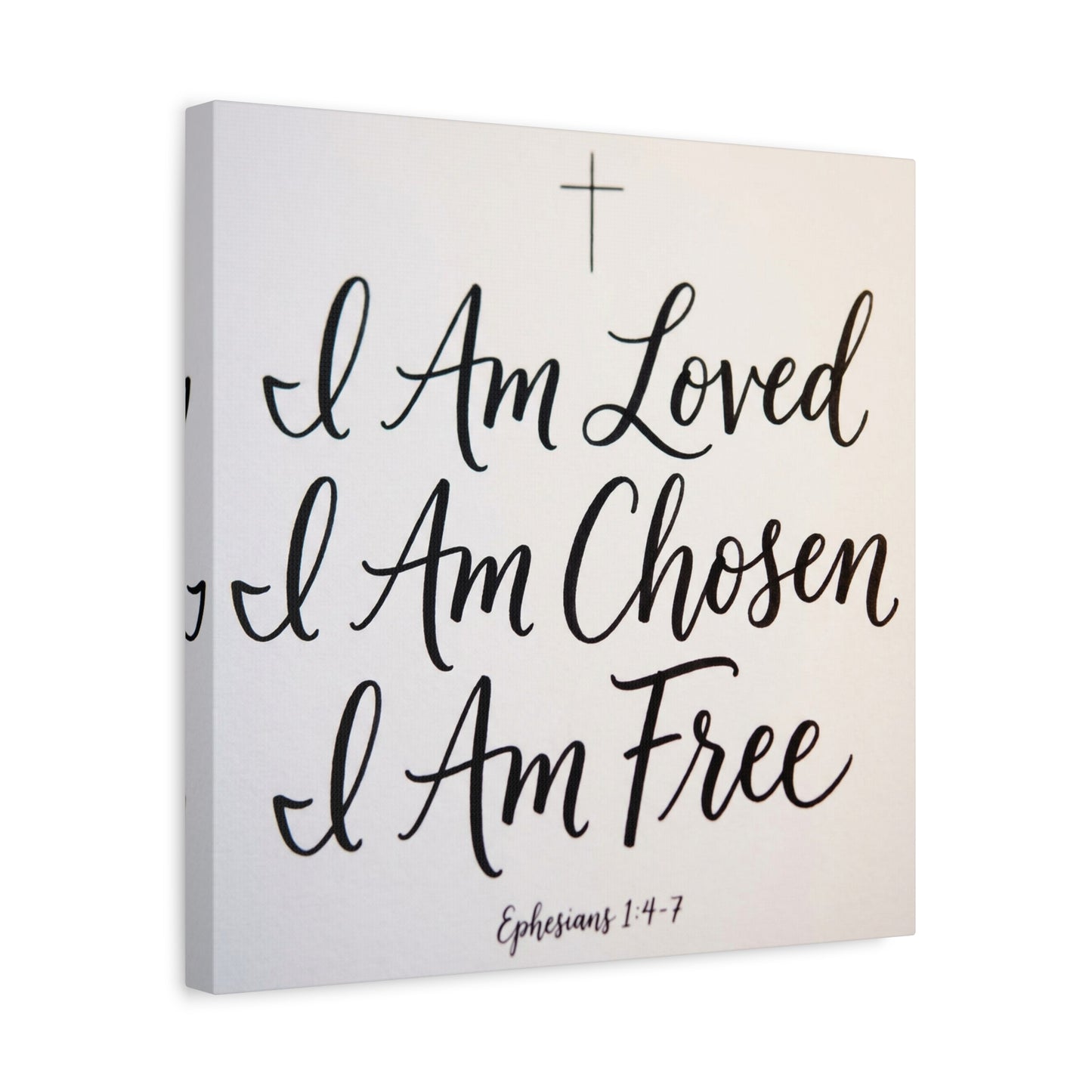 "I Am Loved, Chosen, Free" Christian Canvas Wall Art - Ephesians 1:4-7 Scripture Cross Print - Neutral Typography Decor - Bedroom Home Decoration, Living Room Wall Decor - Ready to Hang