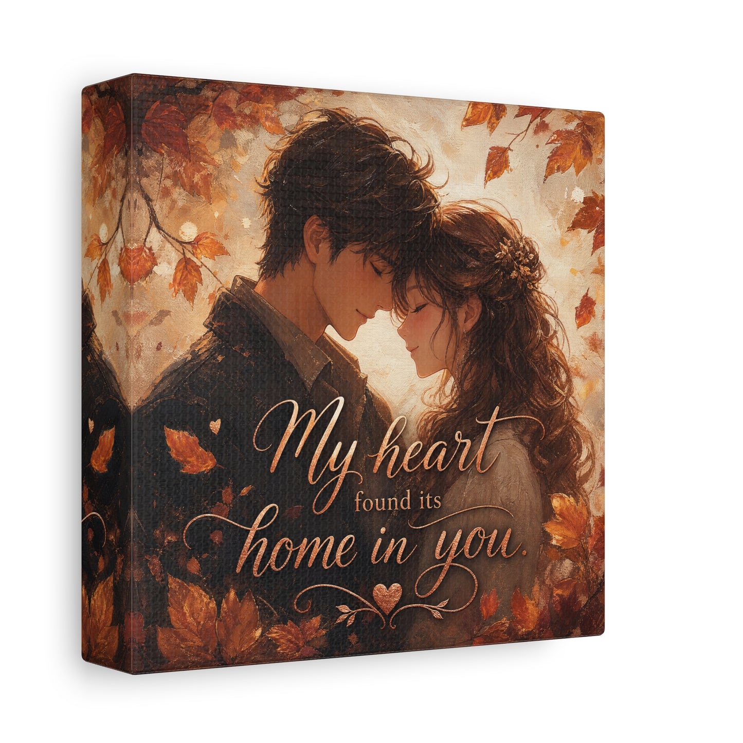 "My Heart Found Its Home In You" Romantic Couple Canvas Wall Art - Autumn Leaves Love Quote Print, Warm Rustic Traditional Style - Bedroom Wall Decor - Ready to Hang - Bedroom Home Decoration
