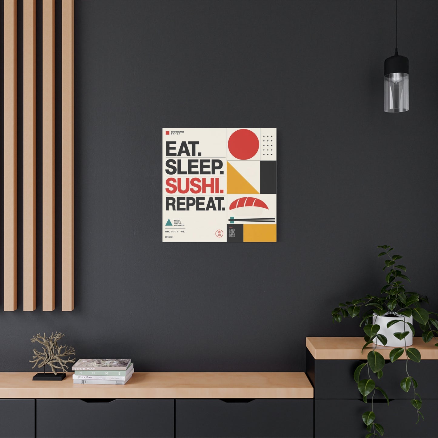 "Eat. Sleep. Sushi. Repeat." Sushi Canvas Wall Art - Japanese Typography Print, Geometric Food Poster Design - Modern Minimalist Cotton Canvas - Cafe Decor, Kitchen Accent, Dining Room Artwork