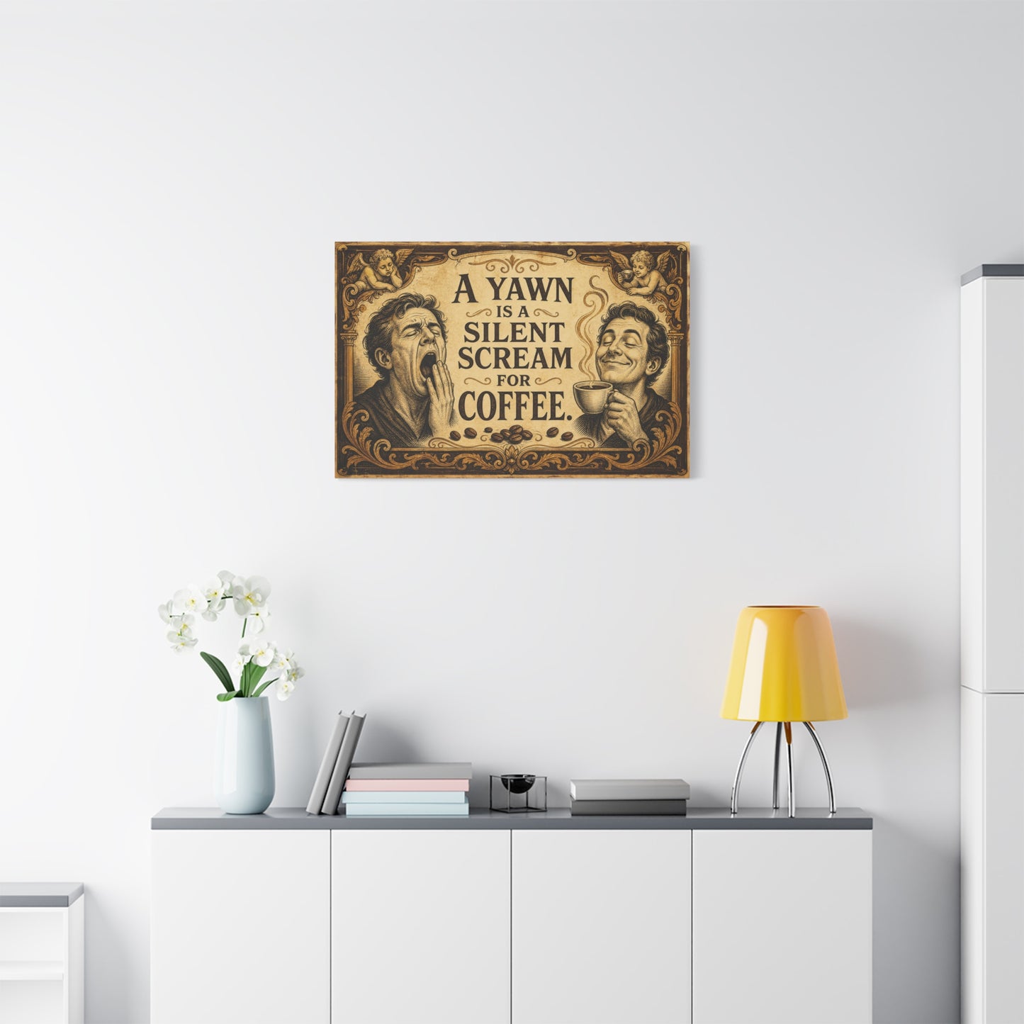 "A Yawn Is A Silent Scream For Coffee" Funny Coffee Canvas Wall Art - Vintage Cherub Quote Print, Sepia Cafe Style, Office Humor - Cafe Wall Art - Bistro Decor - Espresso Bar Sign - Ready to Hang