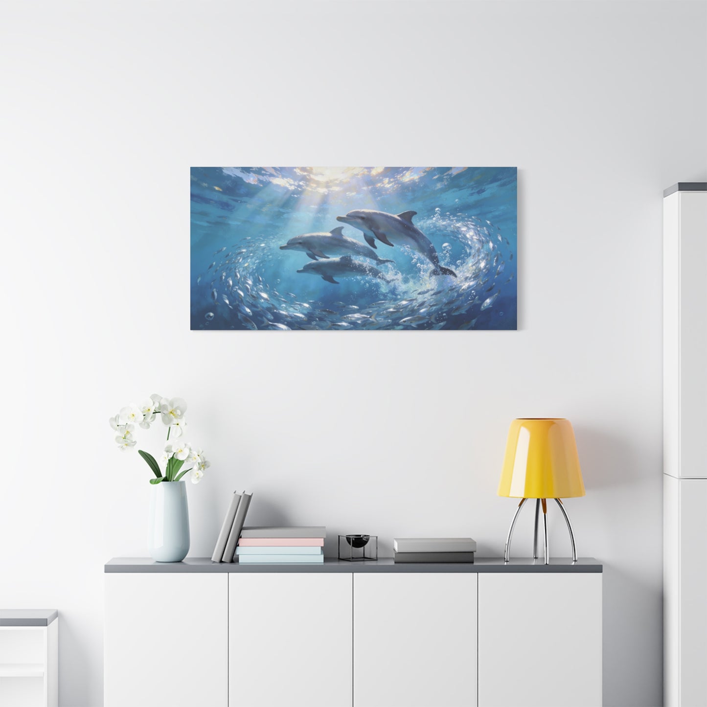 Dolphin Ocean Canvas Wall Art - Blue Underwater Marine Life Scene, Sunbeam Seascape Print - Coastal Style, Serene Living Room Wall Decor, Bedroom Home Decoration Accent - Bedroom Home Decoration