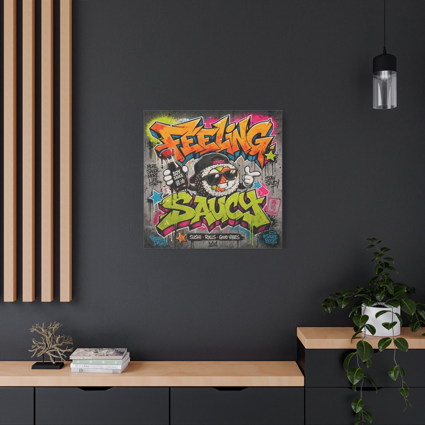 "Feeling Sauce" Graffiti Canvas Wall Art - Sushi Roll Street Illustration, Urban Pop Typography, Matte Cotton Print, Contemporary Decor for Kitchen Nook, Dining Space, Cafe Interior Accent