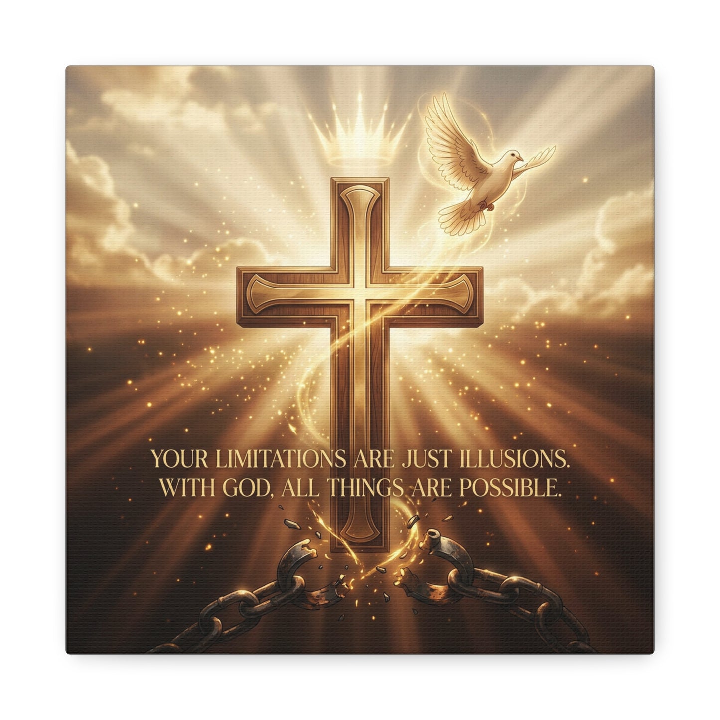 "Your Limitations Are Just Illusions. With God, All Things Are Possible." Christian Canvas Wall Art - Glowing Cross, White Dove, Crown, Broken Chains - Gold Religious Wall Decor For Living Room