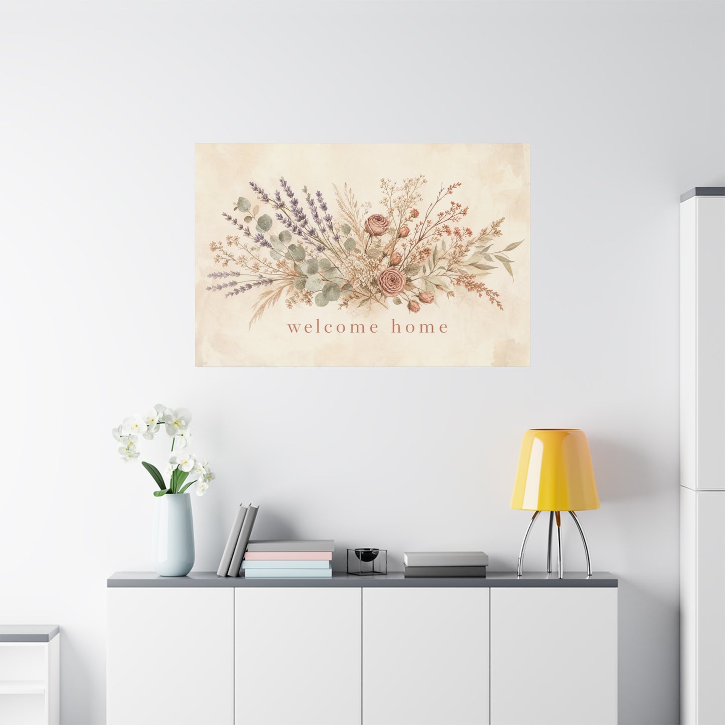 "Welcome Home" Floral Canvas Wall Art - Rustic Botanical Bouquet, Lavender Rose Eucalyptus Print - Farmhouse Wall Decor, Entryway Home Decoration - Ready to Hang - Modern Farmhouse Style