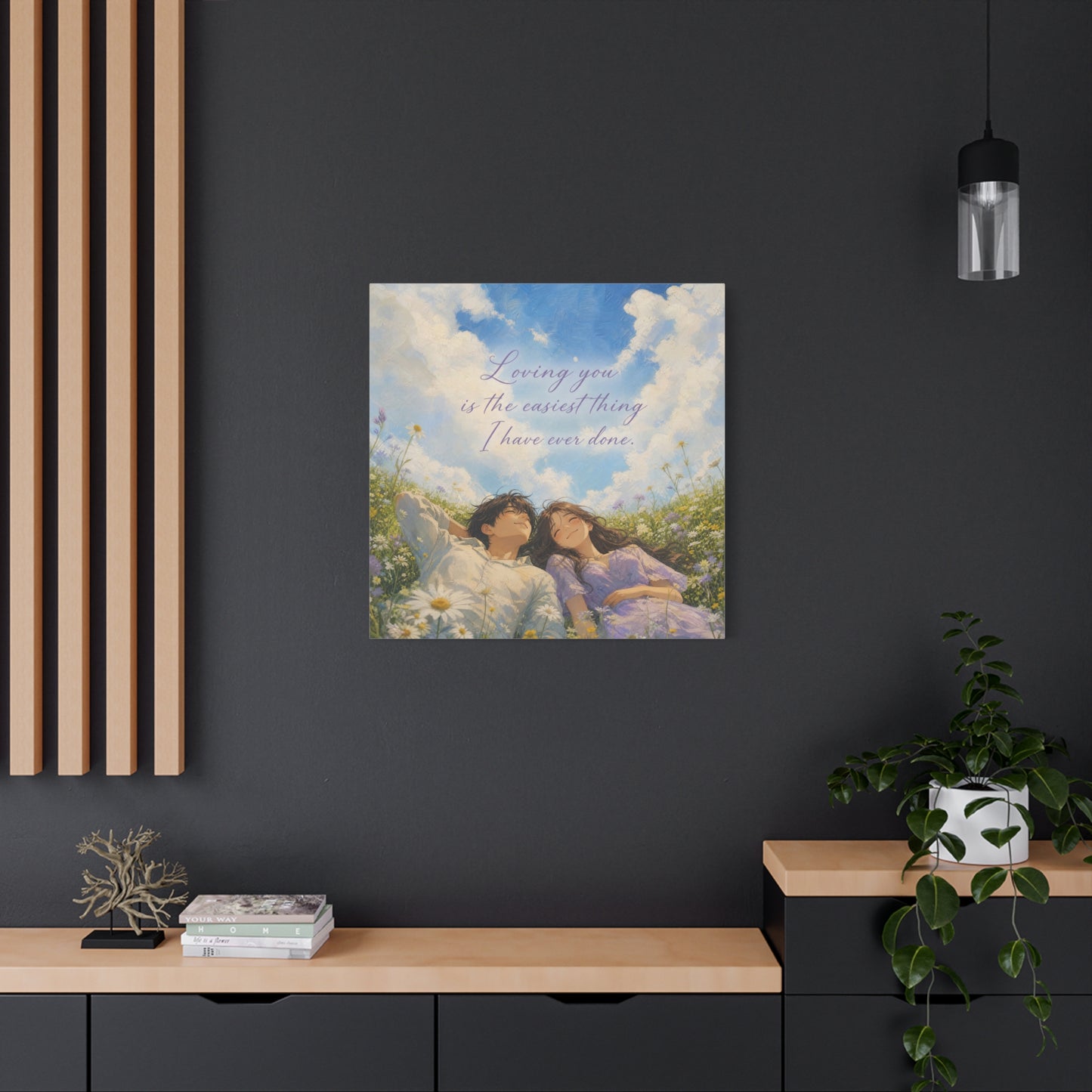 "Loving You Is The Easiest Thing I Have Ever Done." Canvas Wall Art - Romantic Couple In Wildflower Meadow Sky Quote Print - Dreamy Pastel Illustration - Ready to Hang - Living Room Wall Decor
