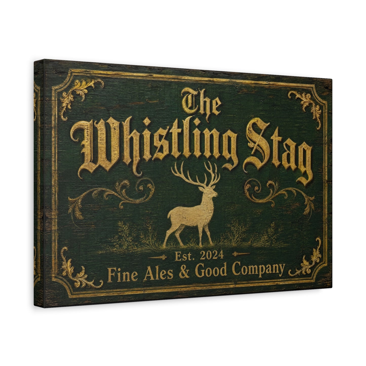"The Whistling Stag" Canvas Wall Art - Vintage Deer Tavern Sign, Rustic Typography Print - Woodland Pub Style, Green And Gold - Bar Cart Accent - Ready to Hang - Pub Wall Art - Cocktail Lounge Decor